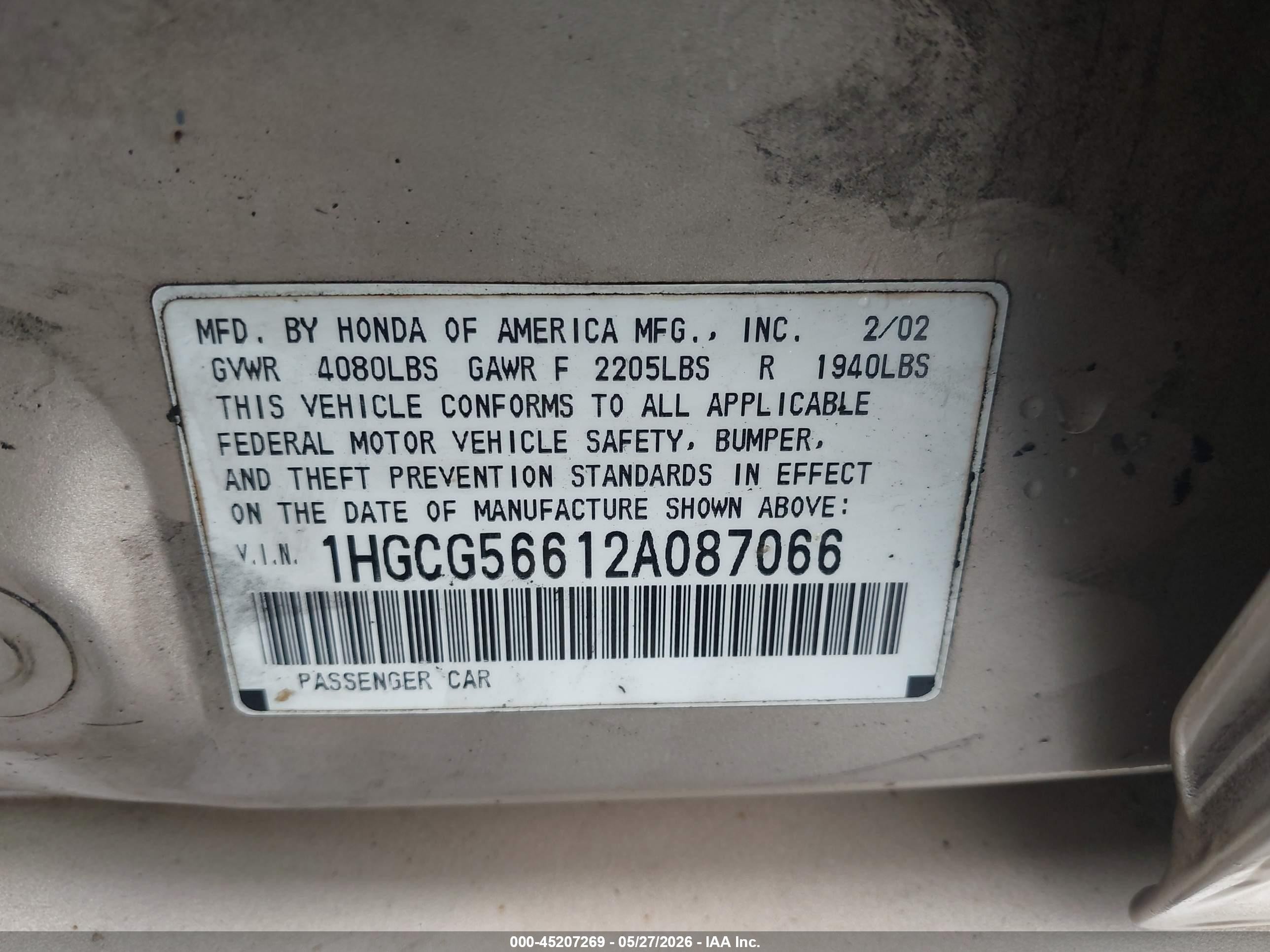2002 Honda Accord 2.3 Ex Gold vin: 1HGCG56612A087066