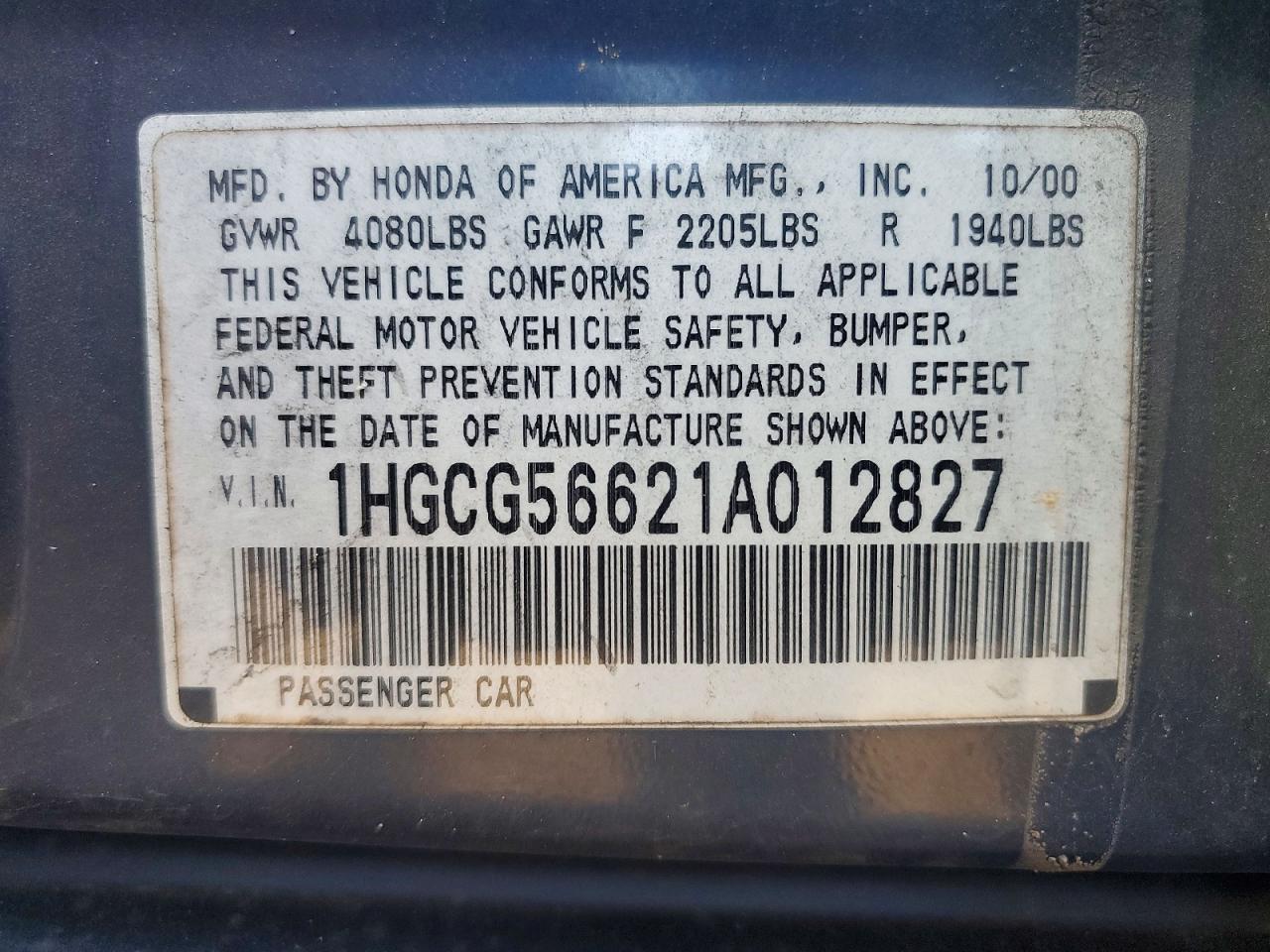 2001 Honda Accord Ex Blue vin: 1HGCG56621A012827