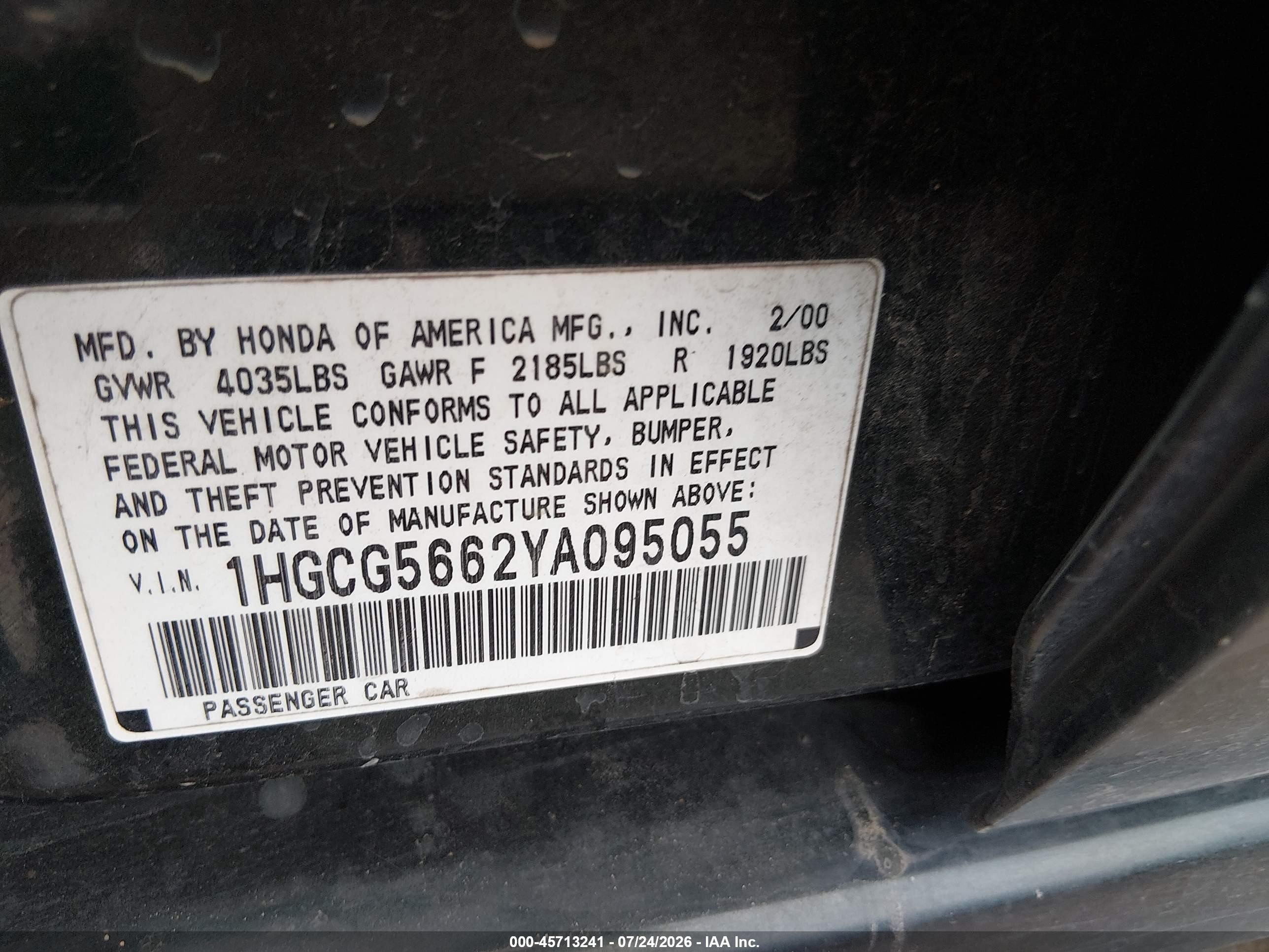 2000 Honda Accord 2.3 Ex Green vin: 1HGCG5662YA095055