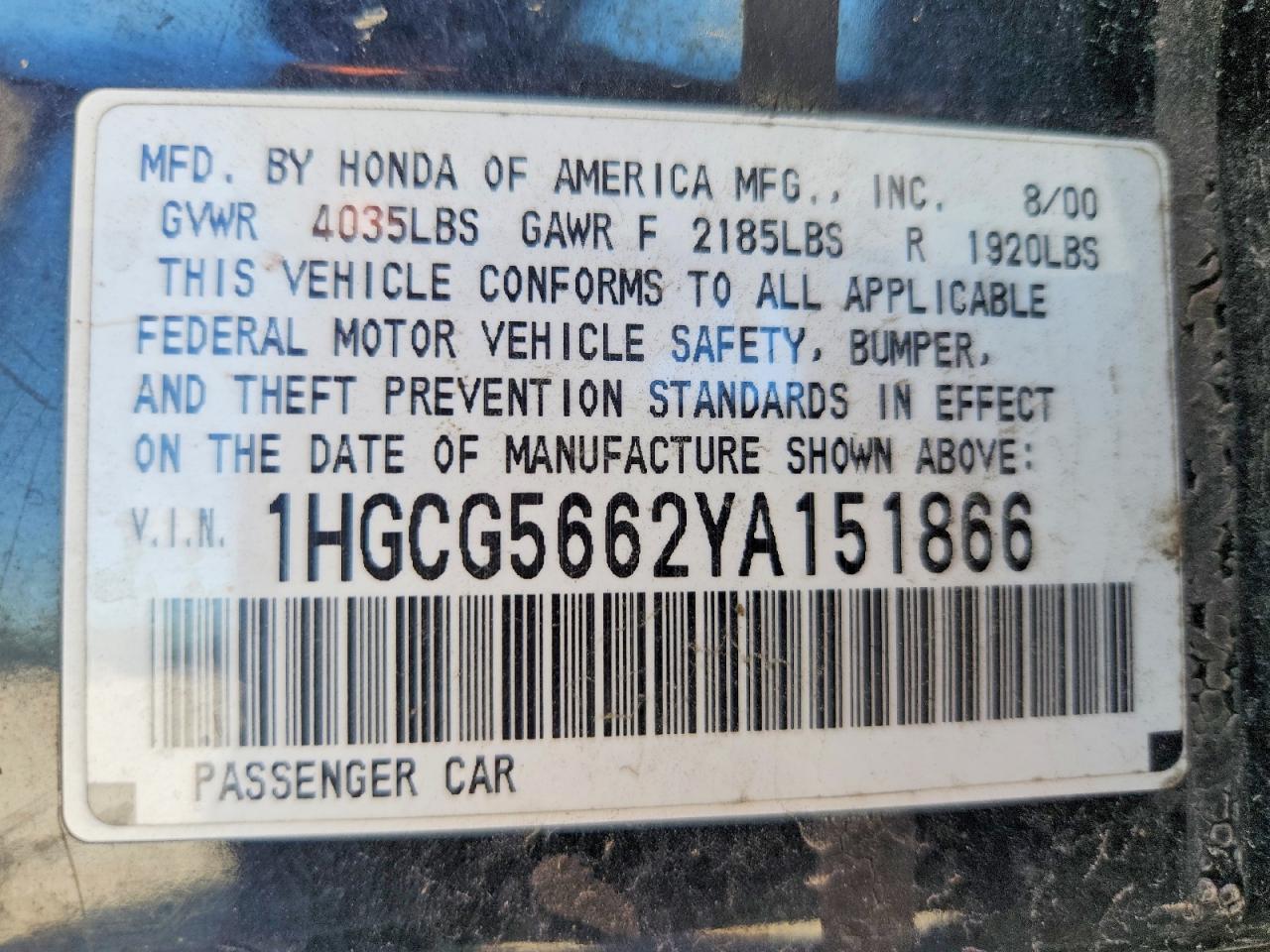 2000 Honda Accord Ex Черный vin: 1HGCG5662YA151866