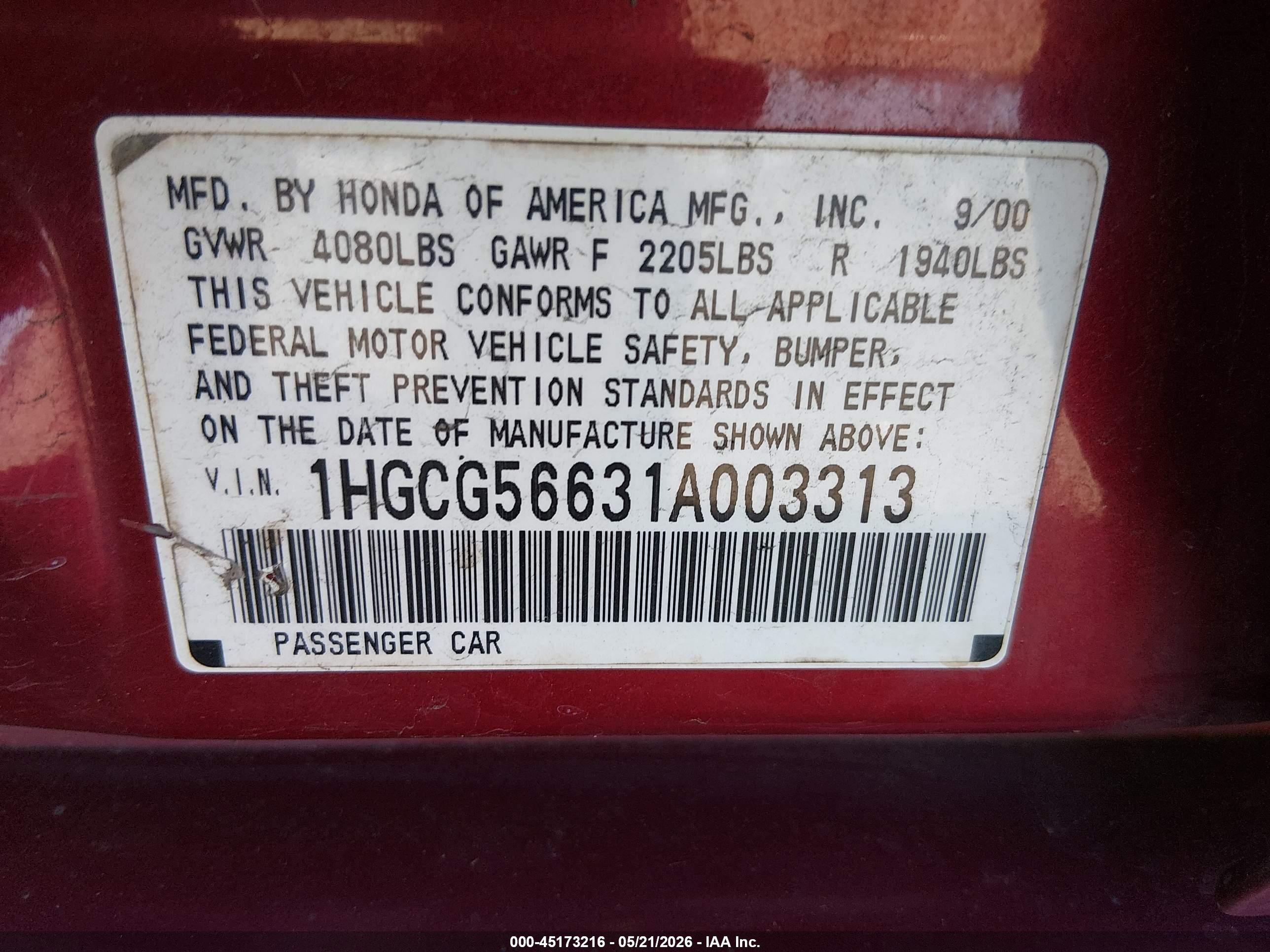 2001 Honda Accord 2.3 Ex Red vin: 1HGCG56631A003313