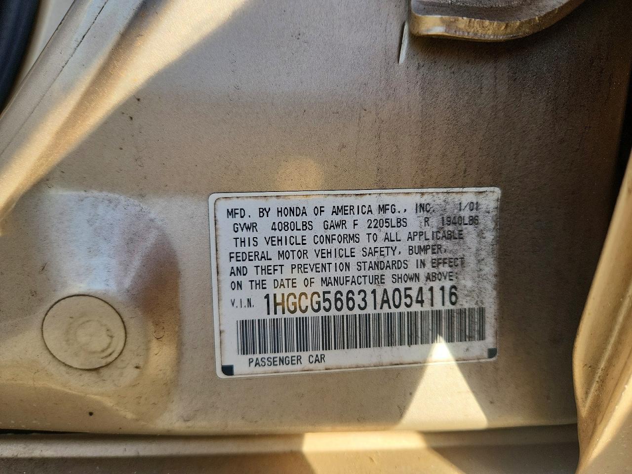 2001 Honda Accord Ex Tan vin: 1HGCG56631A054116