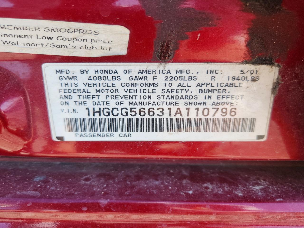2001 Honda Accord Ex Red vin: 1HGCG56631A110796