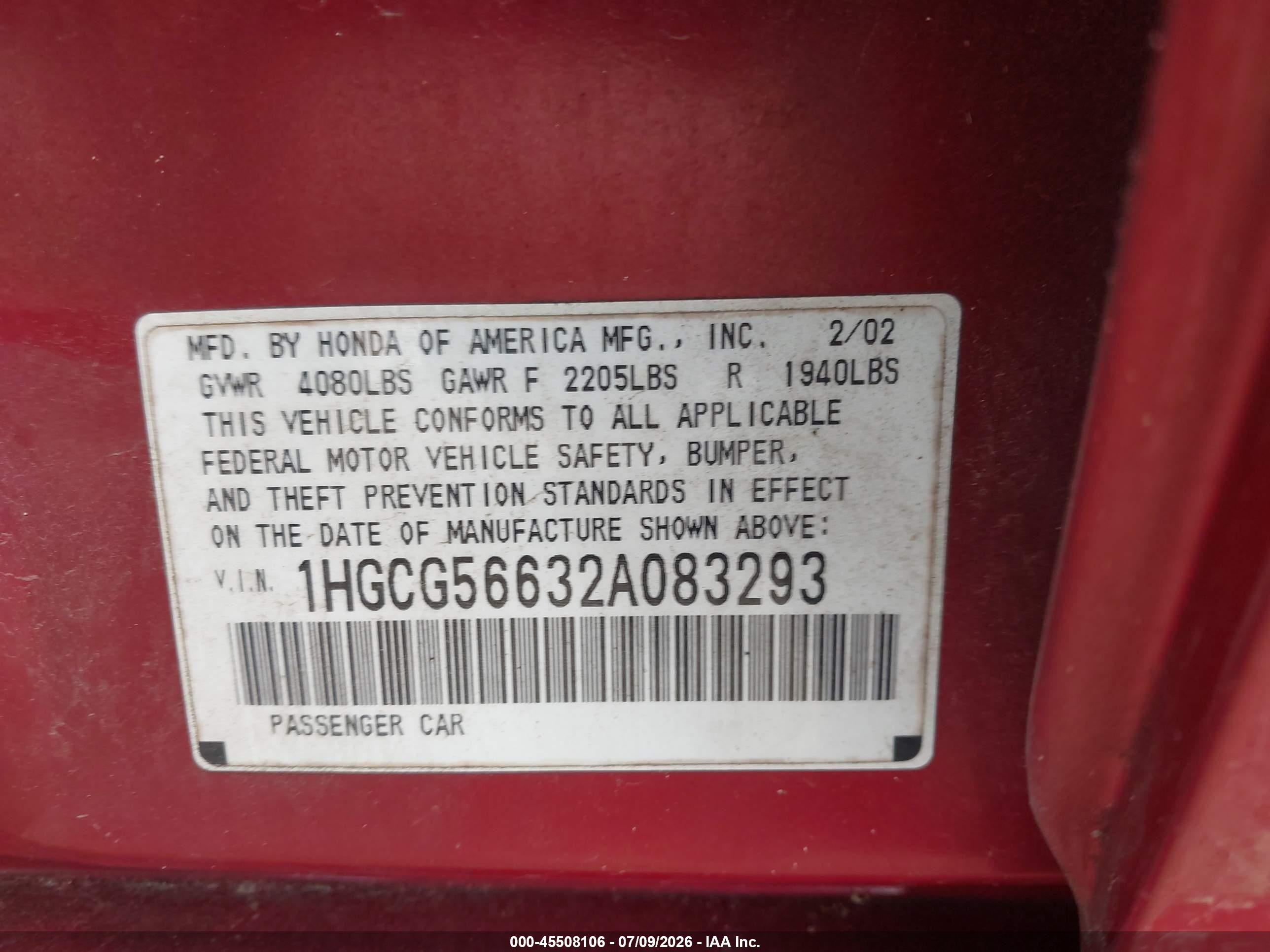 2002 Honda Accord 2.3 Ex Red vin: 1HGCG566328083293