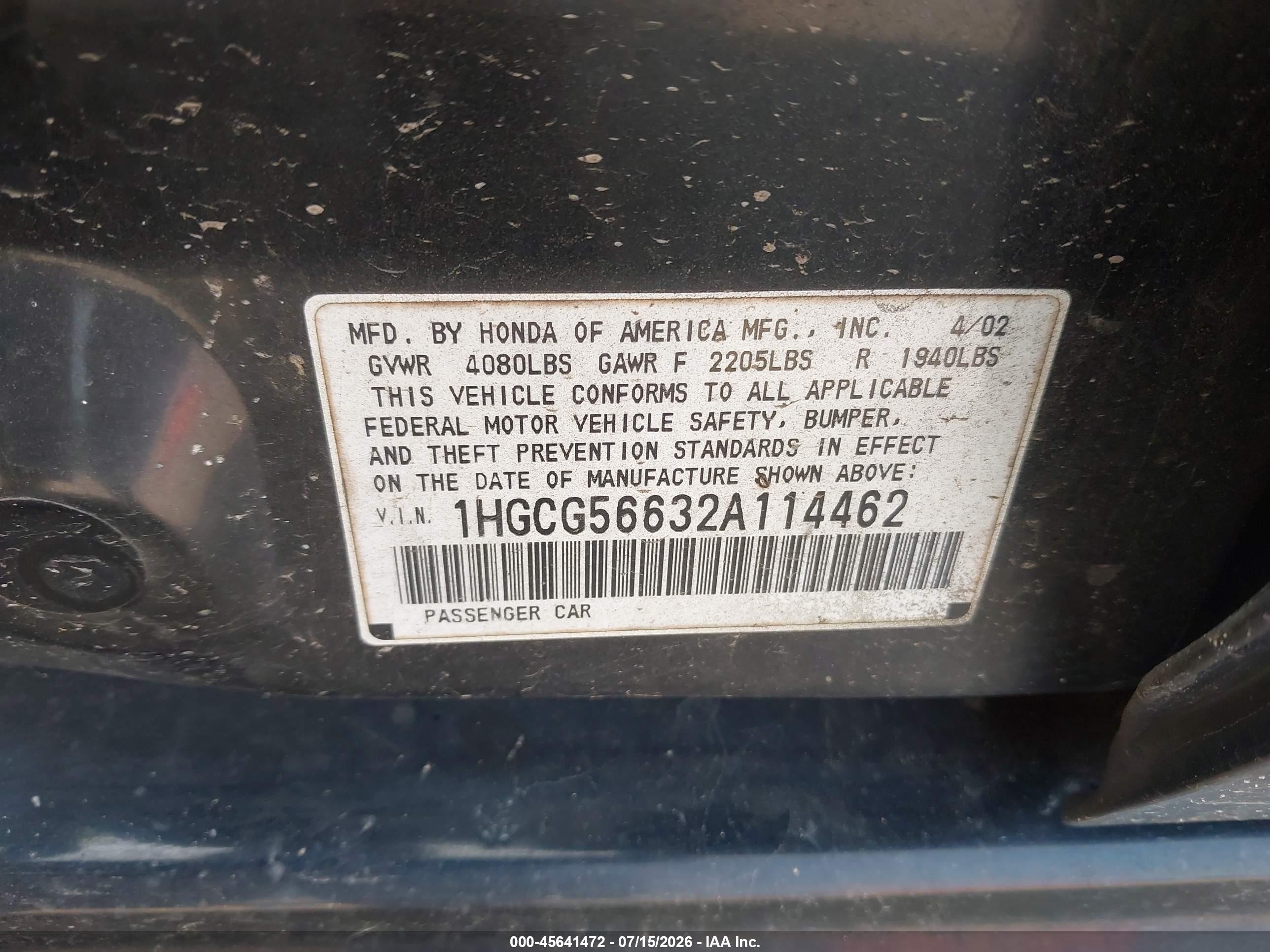 2002 Honda Accord 2.3 Ex Green vin: 1HGCG56632A114462