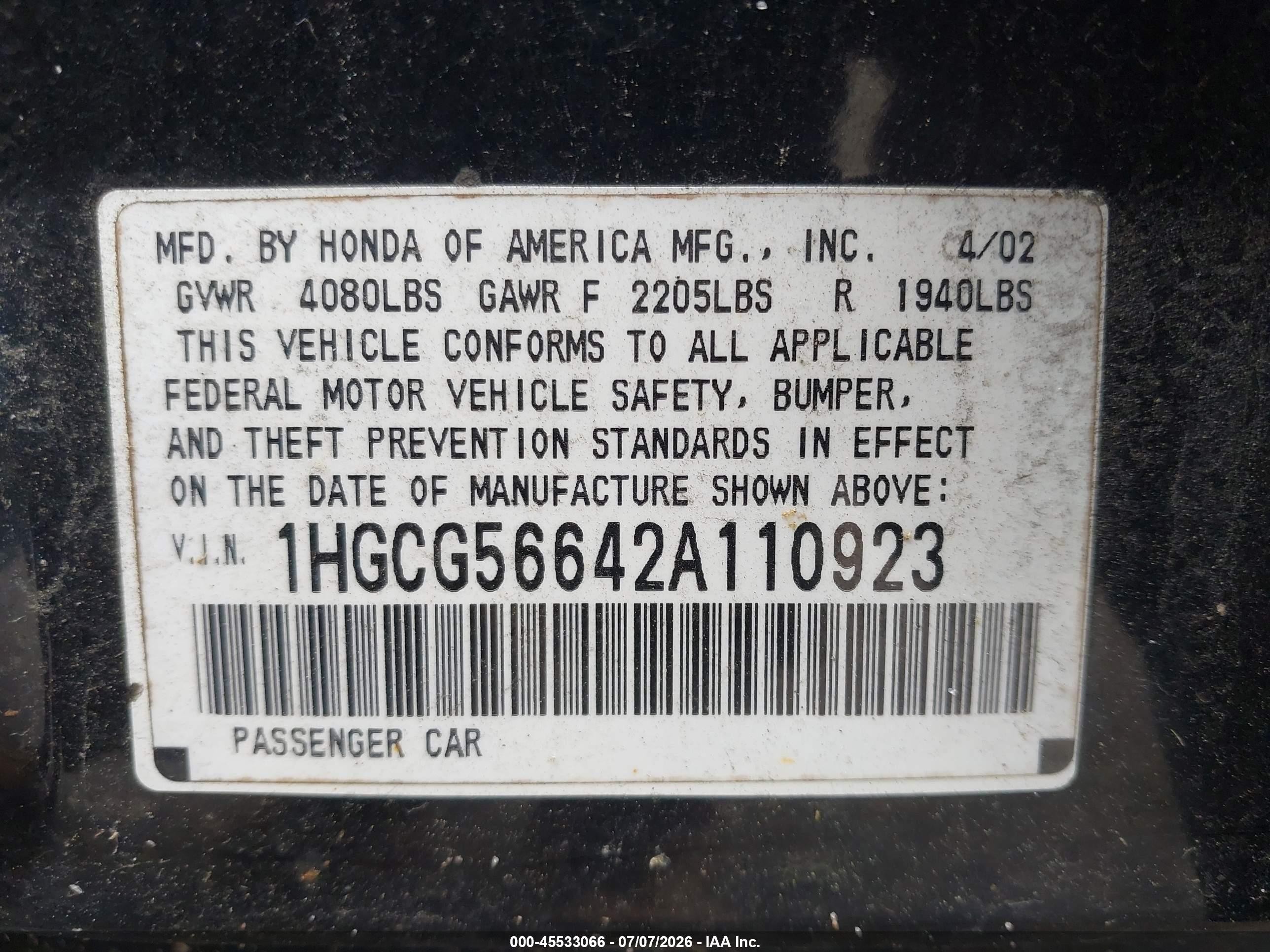 2002 Honda Accord 2.3 Ex Black vin: 1HGCG56642A110923