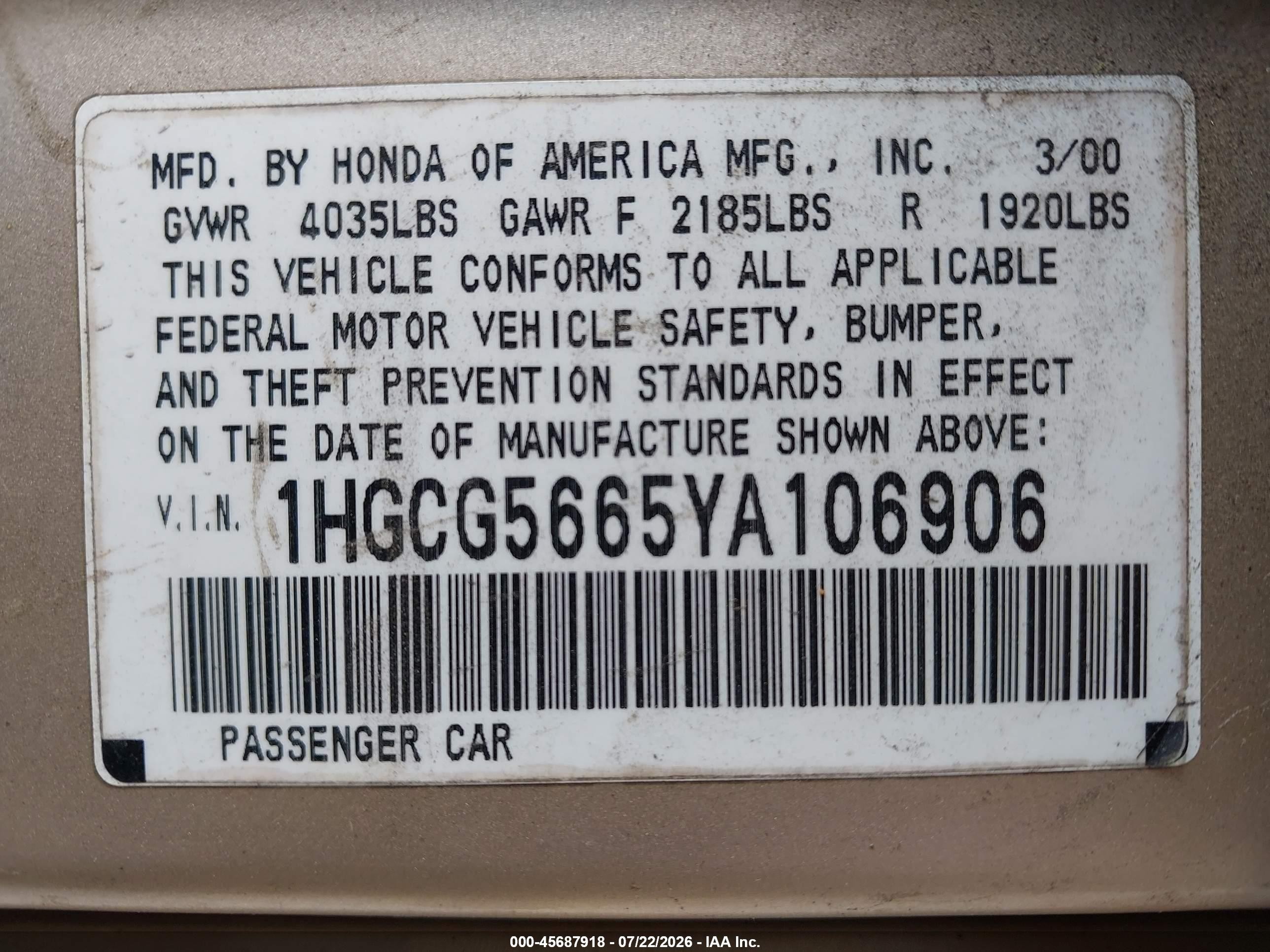 2000 Honda Accord 2.3 Ex Brown vin: 1HGCG5665YA106906