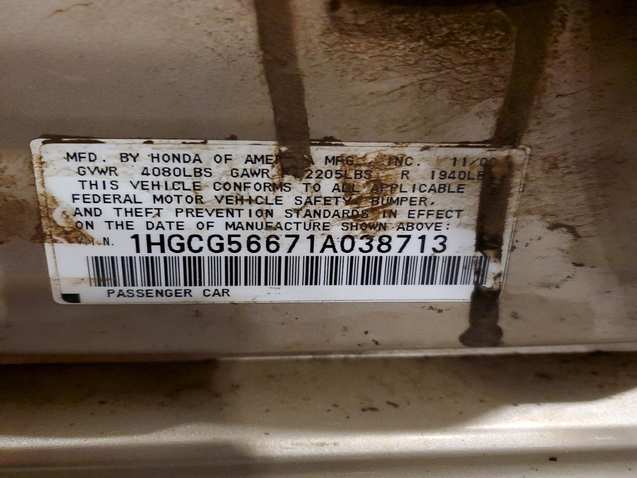 2001 Honda Accord Ex Tan vin: 1HGCG56671A038713