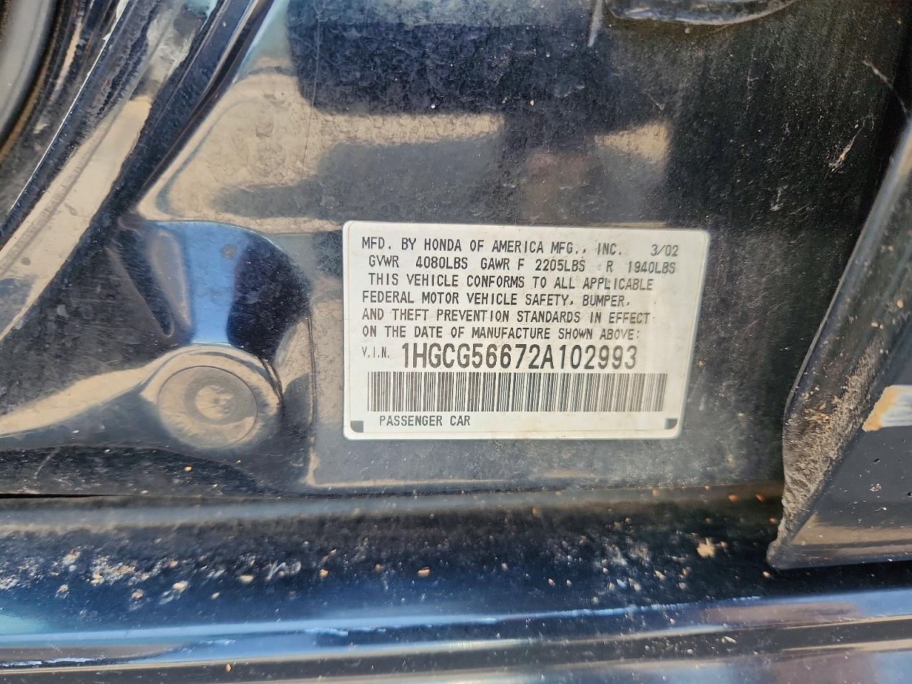 2002 Honda Accord Ex Black vin: 1HGCG56672A102993