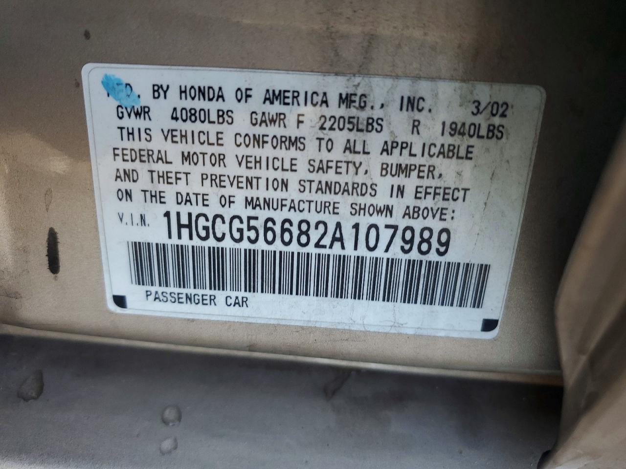 2002 Honda Accord Ex Gold vin: 1HGCG56682A107989