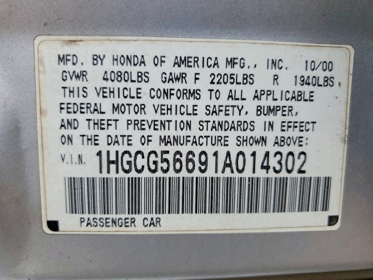2001 Honda Accord Ex Silver vin: 1HGCG56691A014302