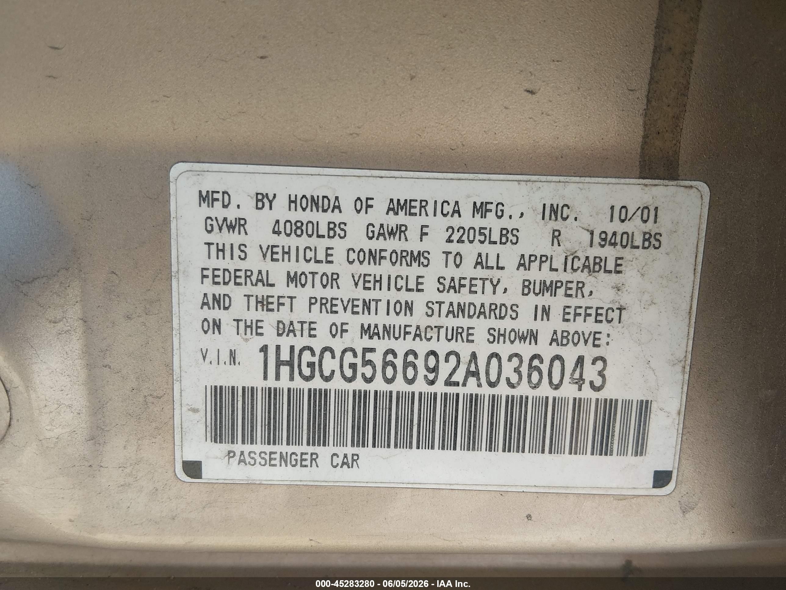 2002 Honda Accord 2.3 Ex Золотой vin: 1HGCG56692A036043