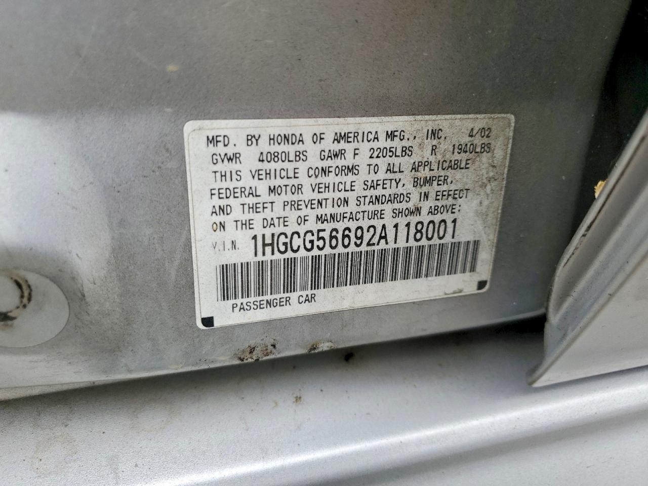 2002 Honda Accord Ex Silver vin: 1HGCG56692A118001