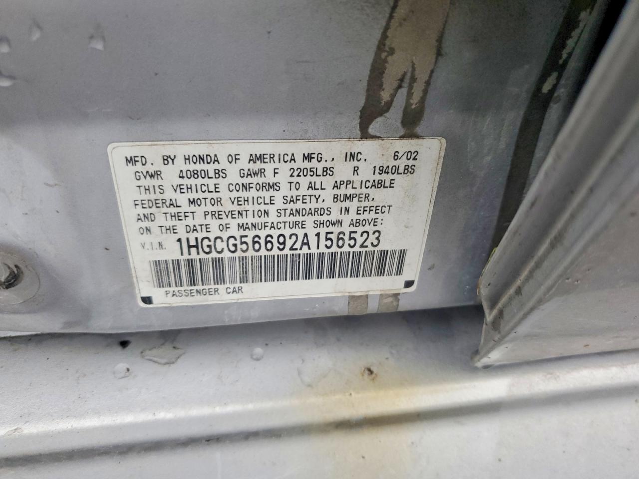2002 Honda Accord Ex Серебряный vin: 1HGCG56692A156523