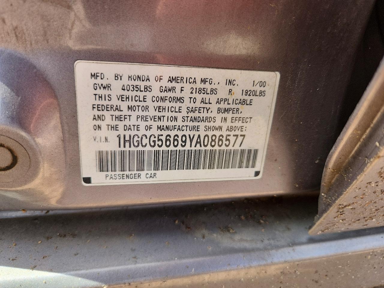 2000 Honda Accord Ex Gray vin: 1HGCG5669YA086577