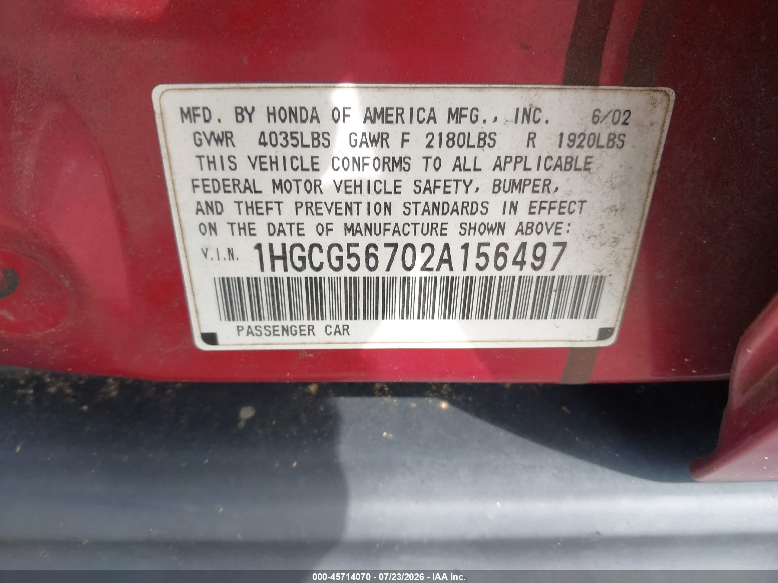 2002 Honda Accord 2.3 Se Красный vin: 1HGCG56702A156497