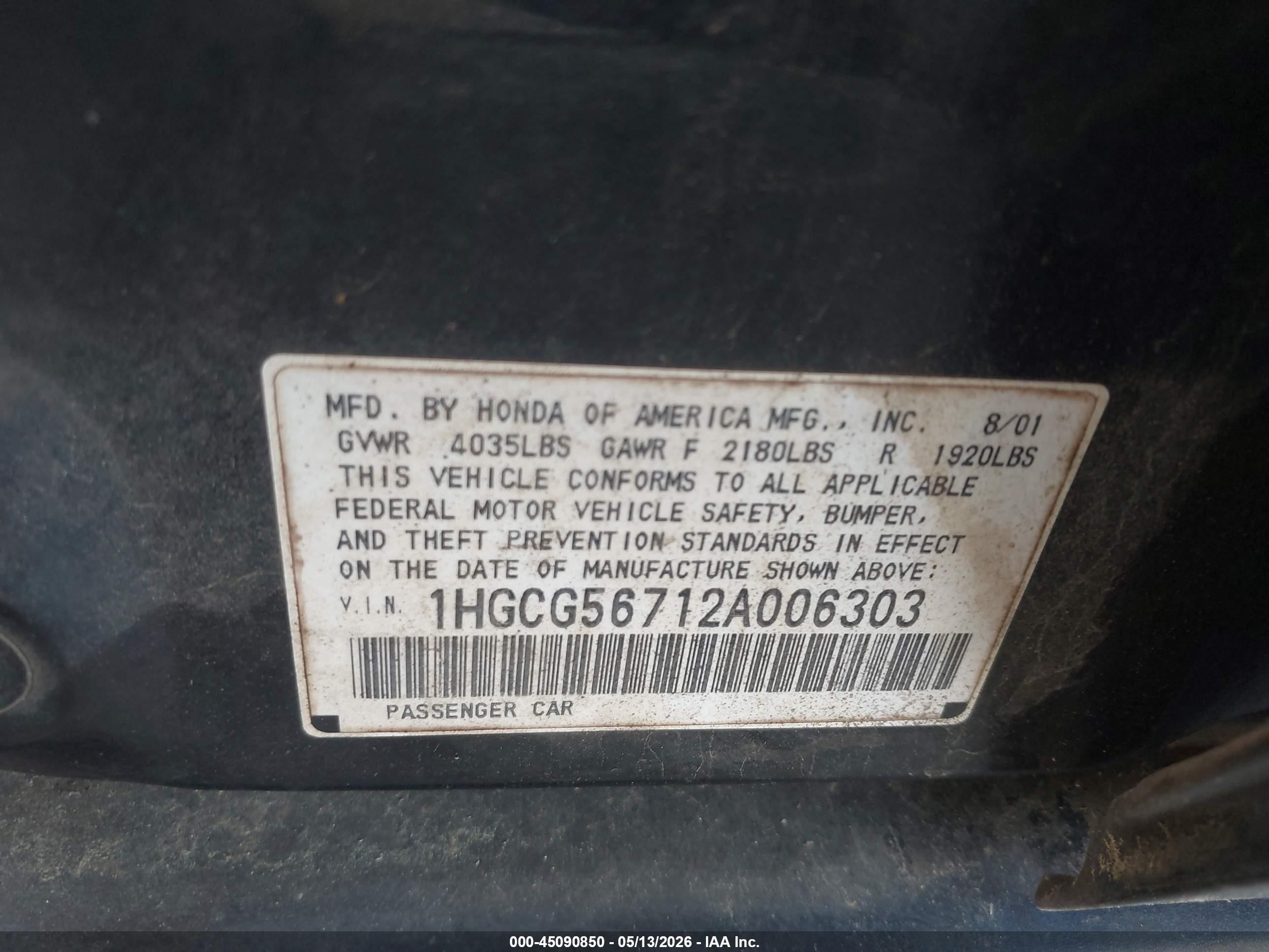 2002 Honda Accord 2.3 Se Черный vin: 1HGCG56712A006303