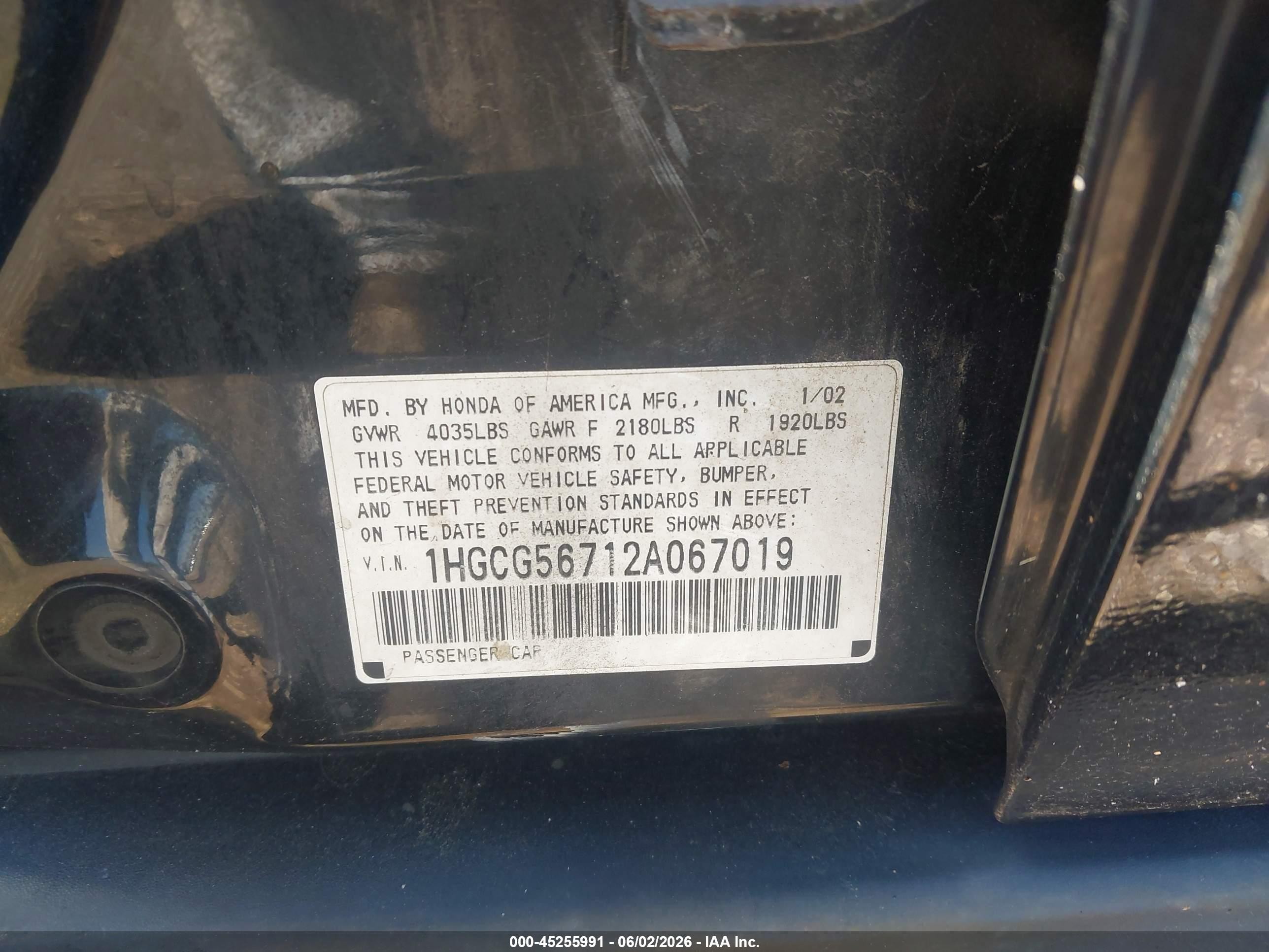 2002 Honda Accord 2.3 Se Black vin: 1HGCG56712A067019