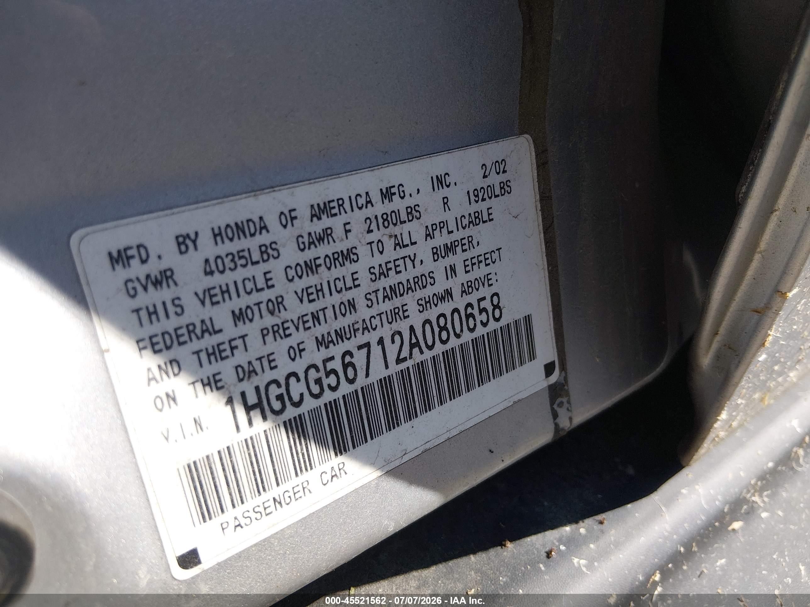 2002 Honda Accord 2.3 Se Silver vin: 1HGCG56712A080658