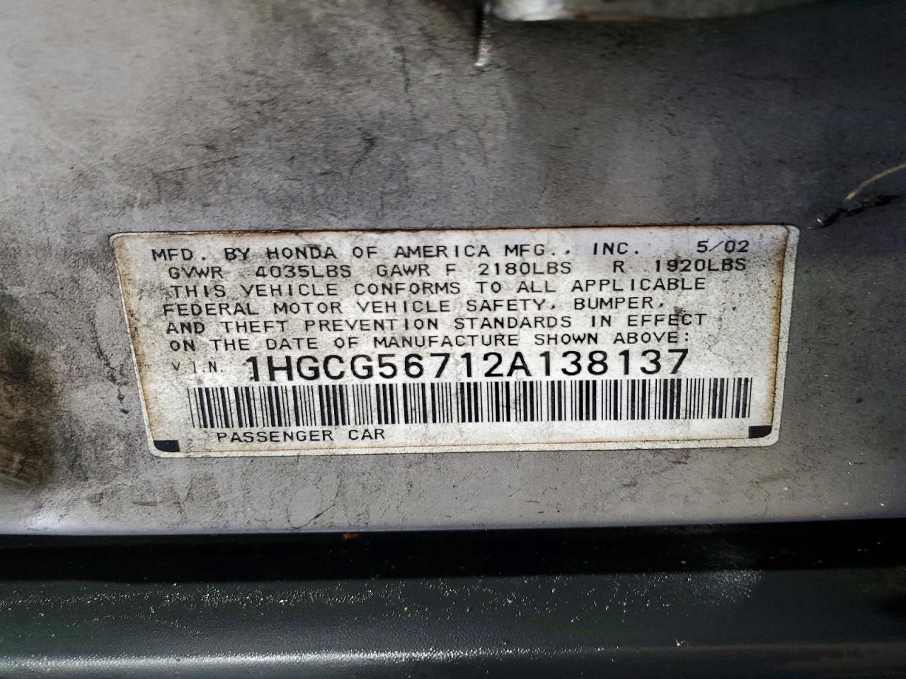 2002 Honda Accord Se Silver vin: 1HGCG56712A138137