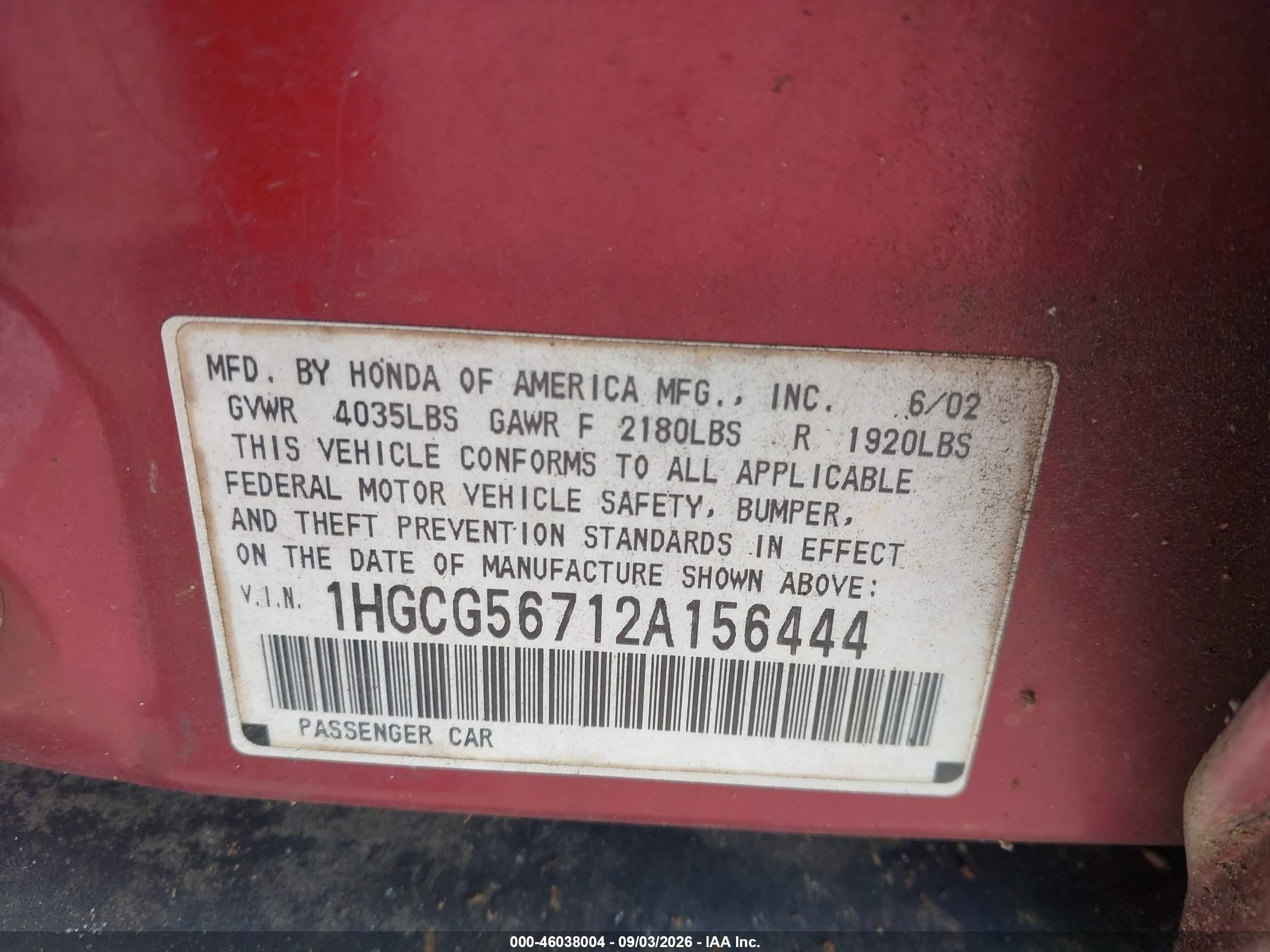 2002 Honda Accord 2.3 Se Red vin: 1HGCG56712A156444