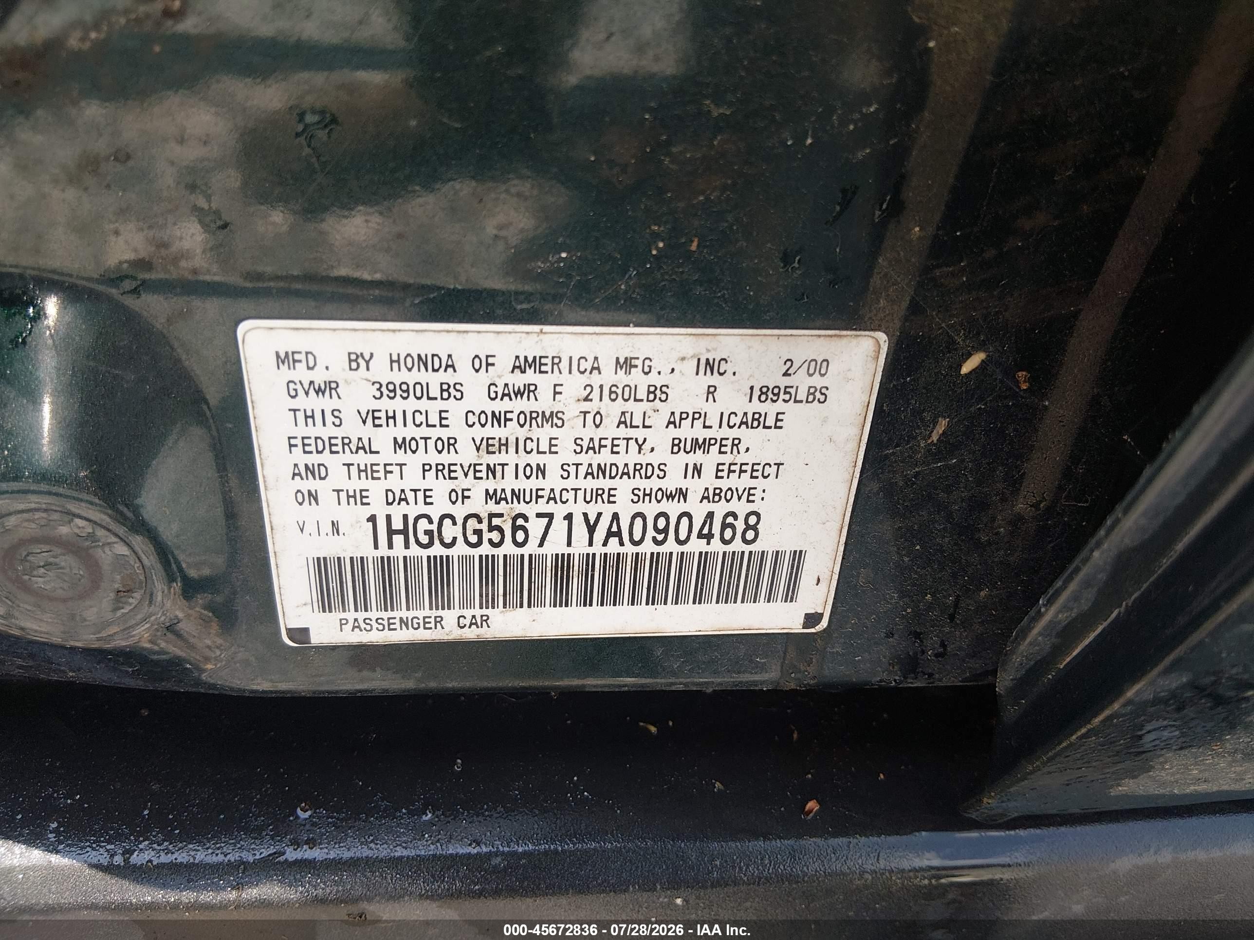 2000 Honda Accord 2.3 Se Green vin: 1HGCG5671YA090468