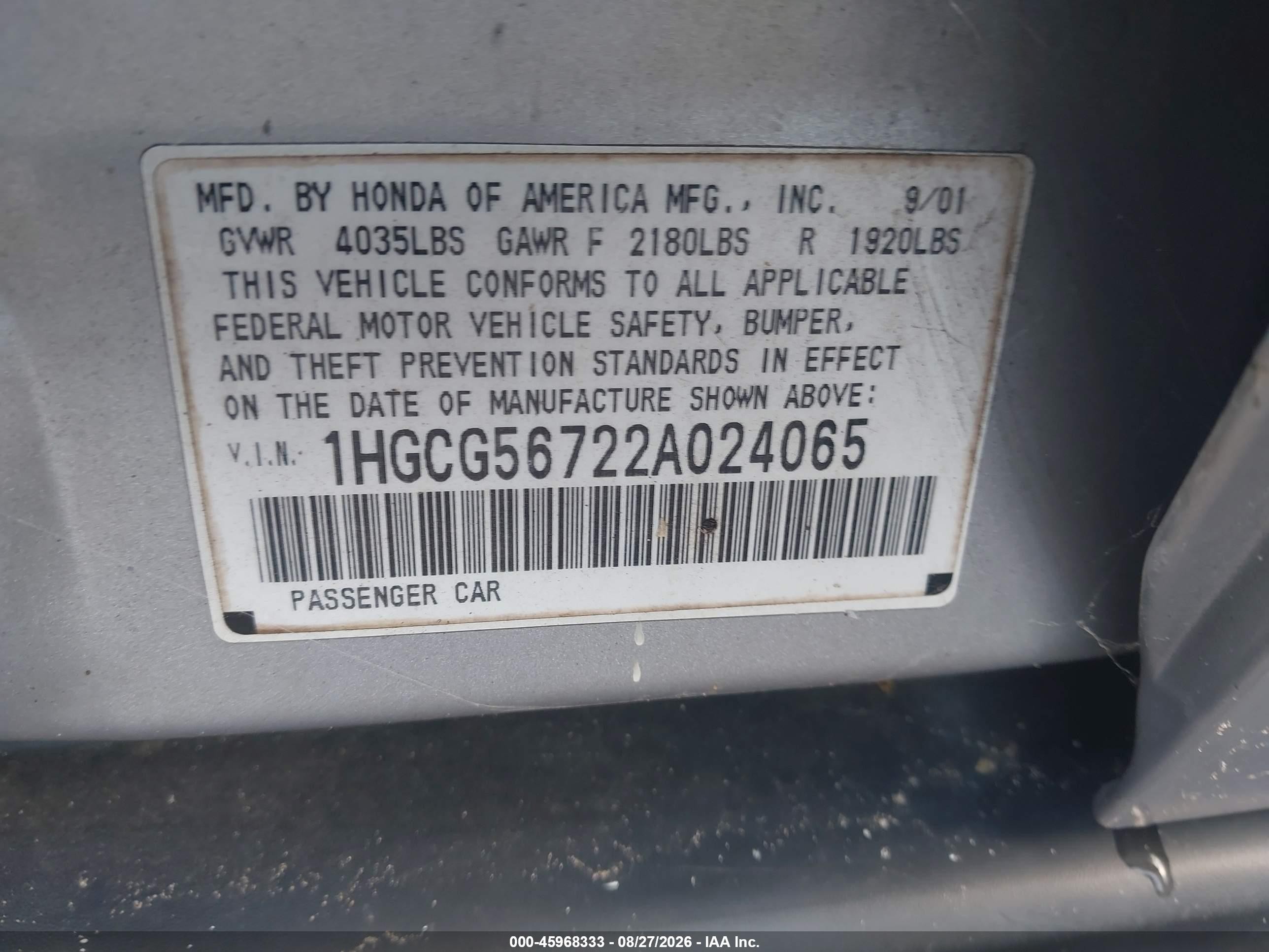 2002 Honda Accord 2.3 Se Silver vin: 1HGCG56722A024065
