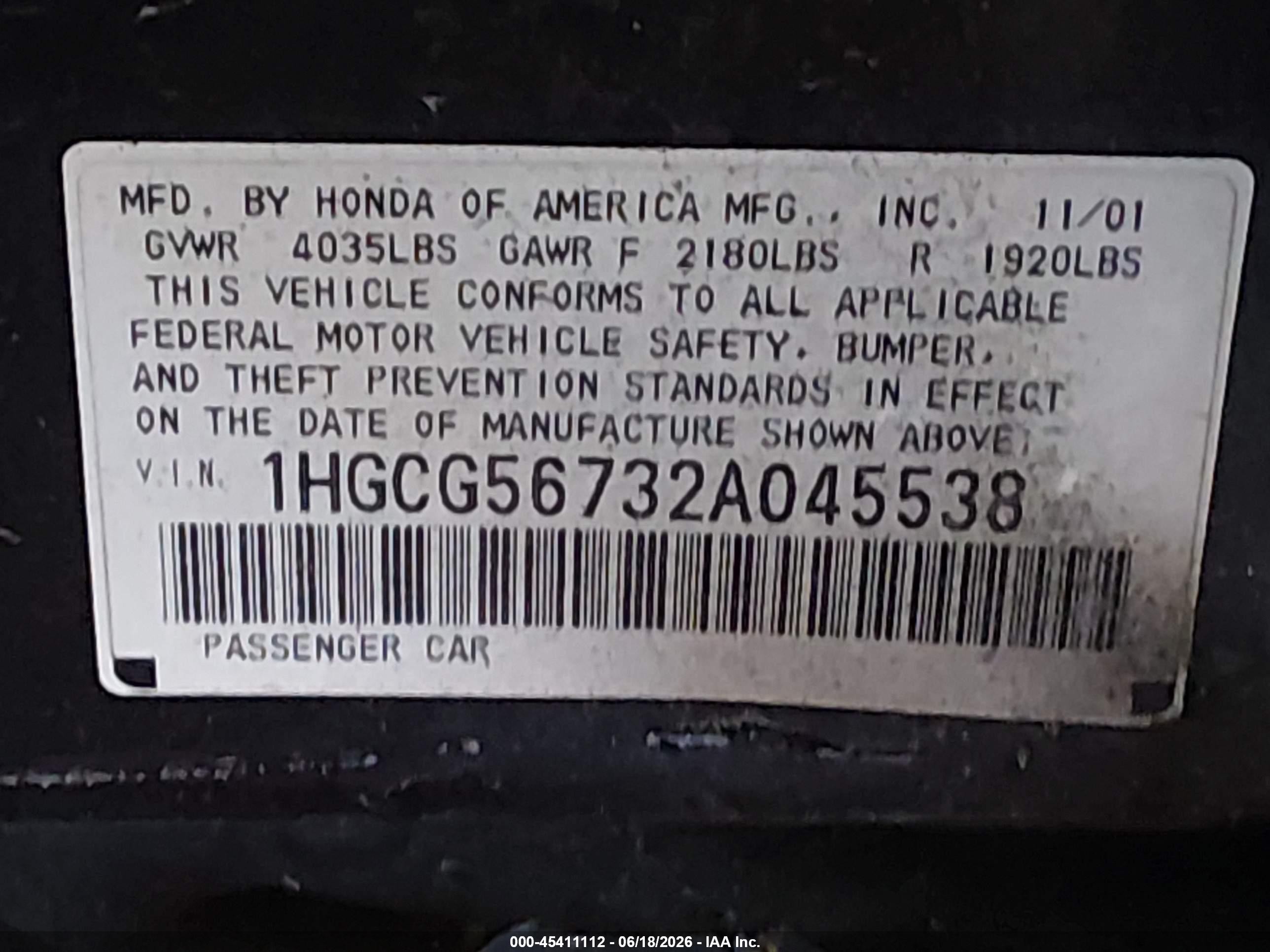 2002 Honda Accord 2.3 Se Black vin: 1HGCG56732A045538