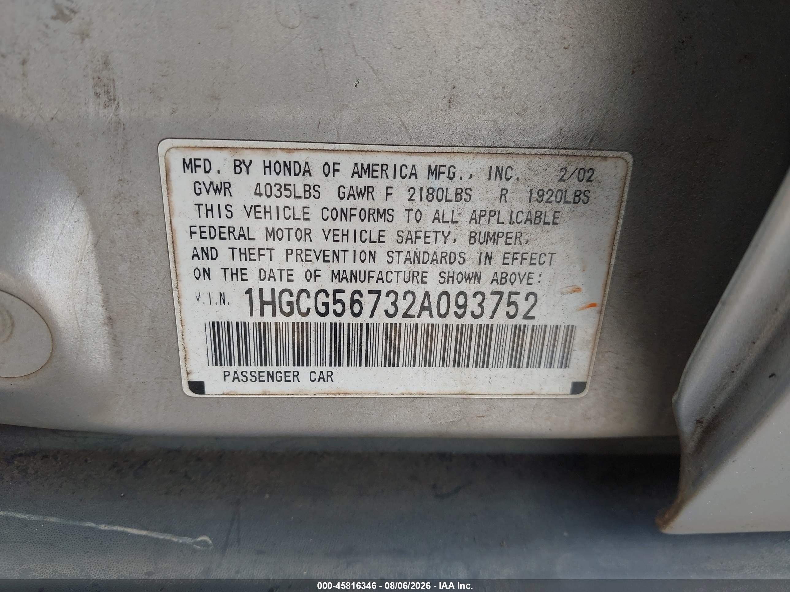 2002 Honda Accord 2.3 Se Silver vin: 1HGCG56732A093752