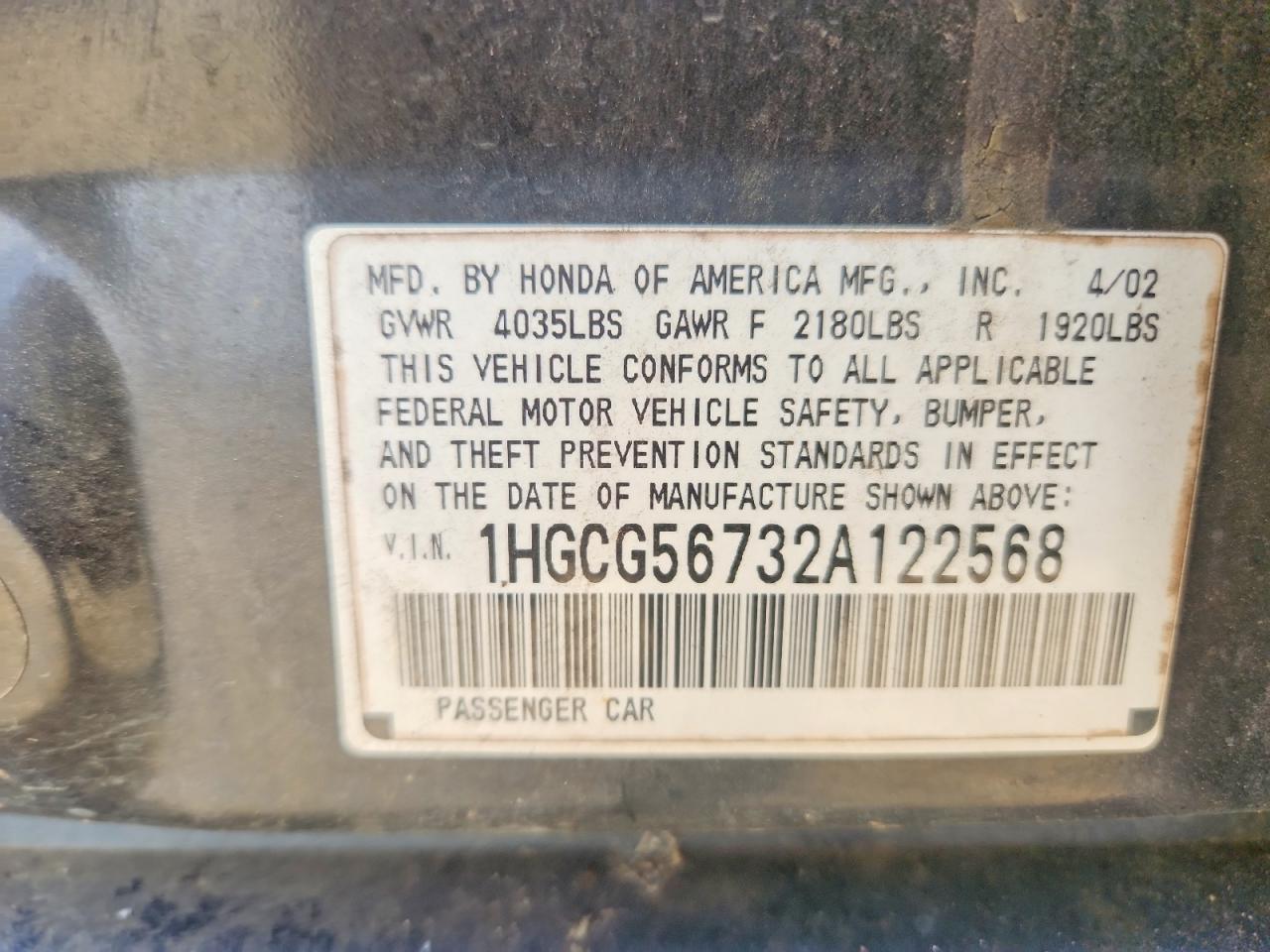 2002 Honda Accord Se Черный vin: 1HGCG56732A122568