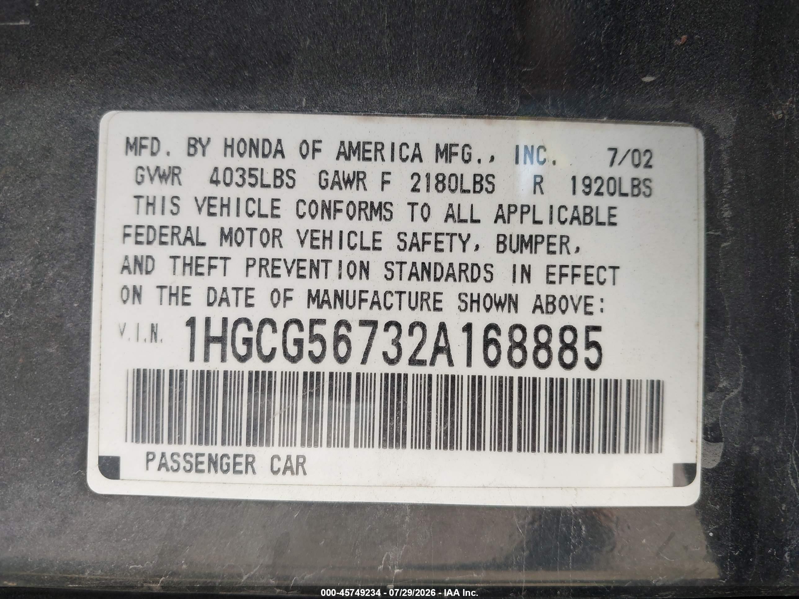 2002 Honda Accord 2.3 Se Black vin: 1HGCG56732A168885