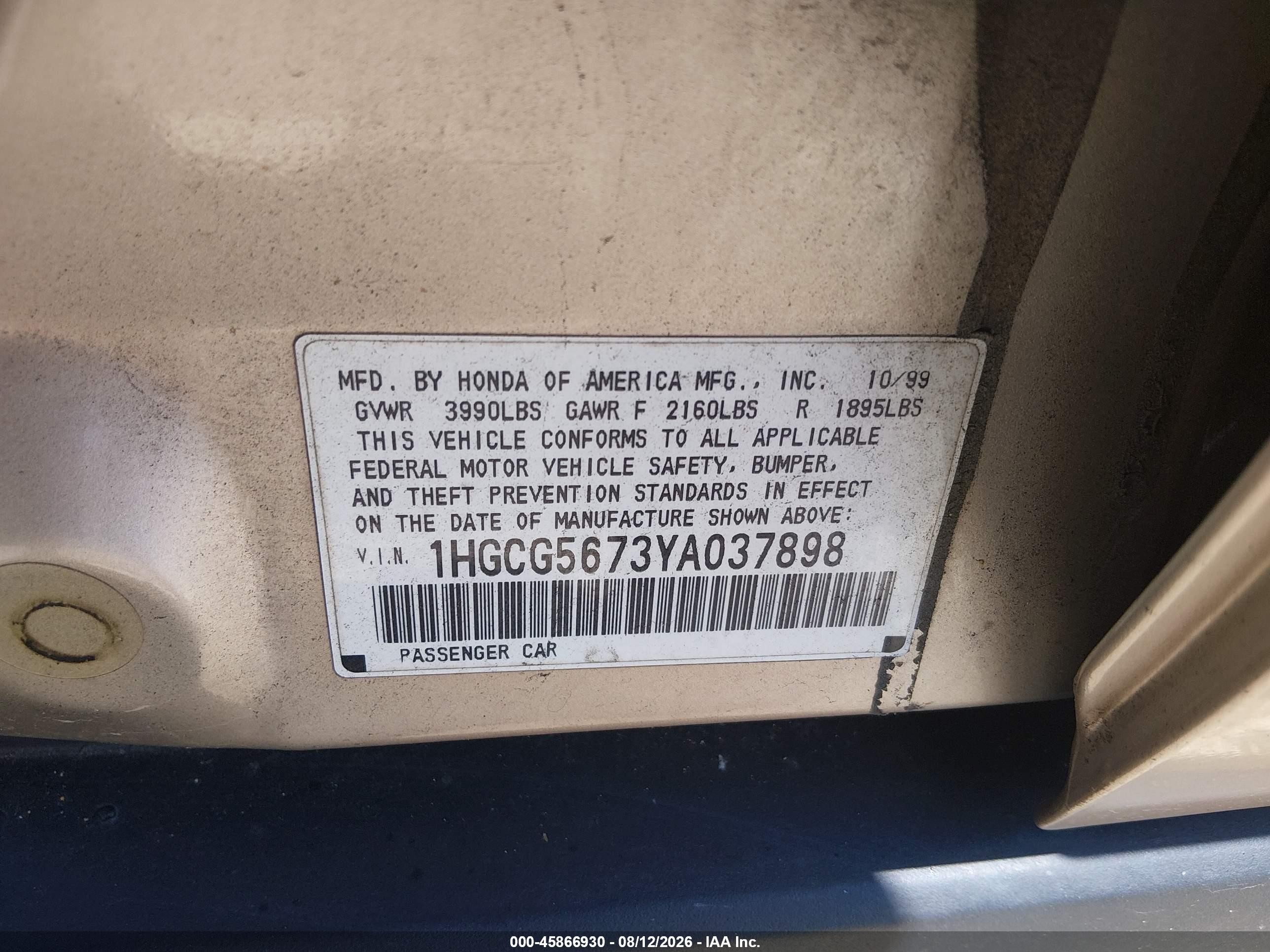 2000 Honda Accord 2.3 Se Tan vin: 1HGCG5673YA037898