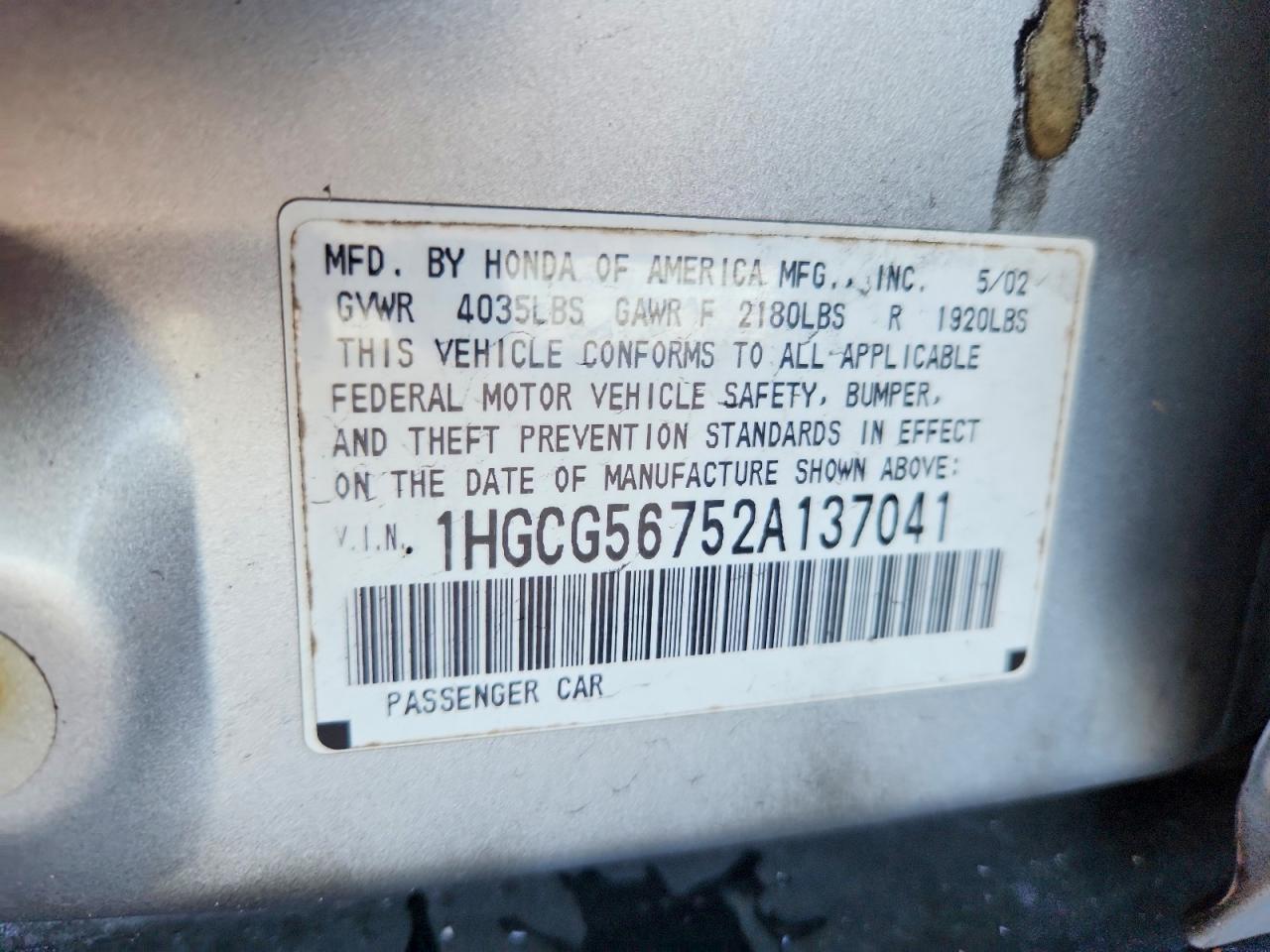 2002 Honda Accord Se Silver vin: 1HGCG56752A137041