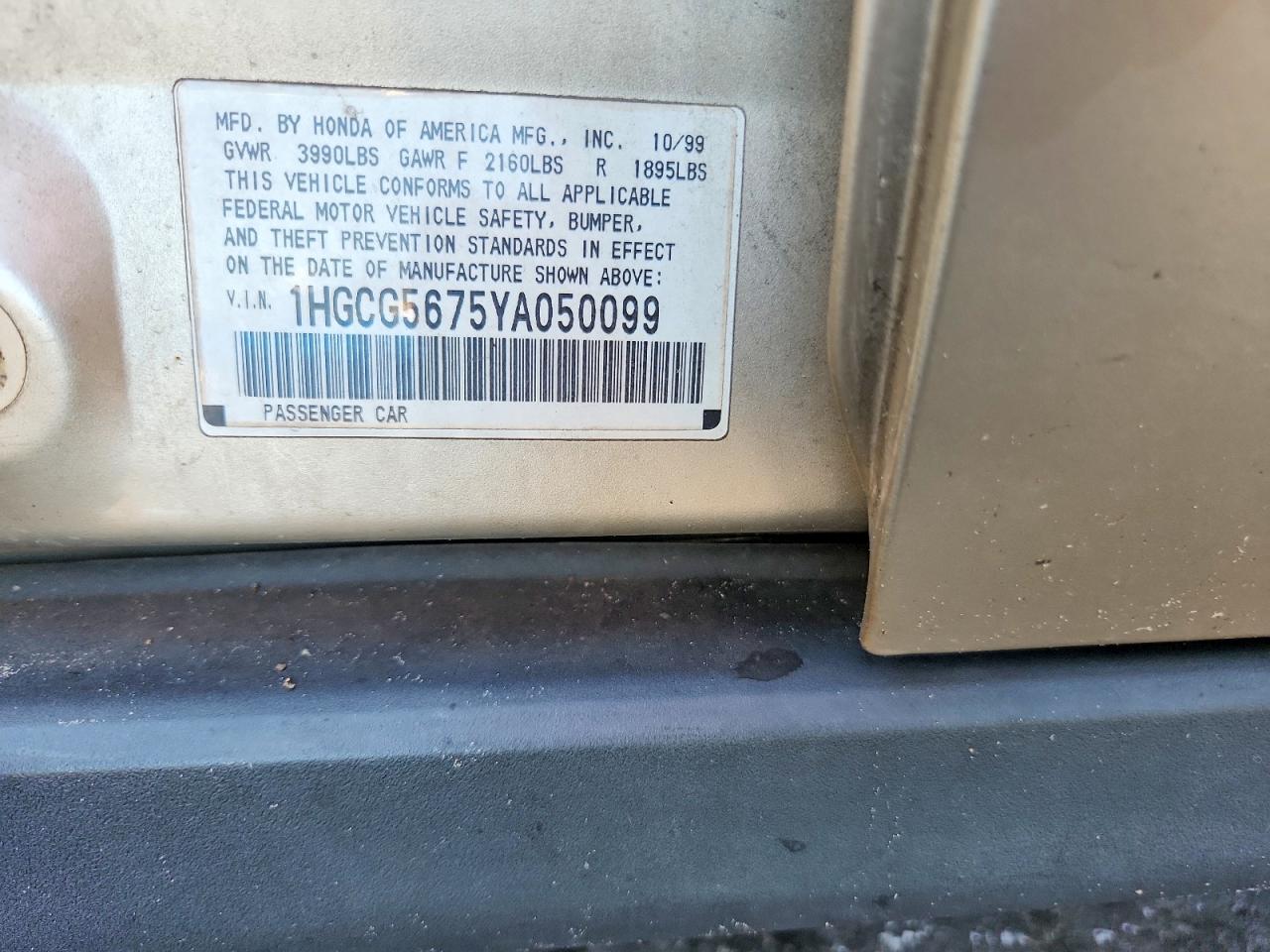 2000 Honda Accord Se Gold vin: 1HGCG5675YA050099