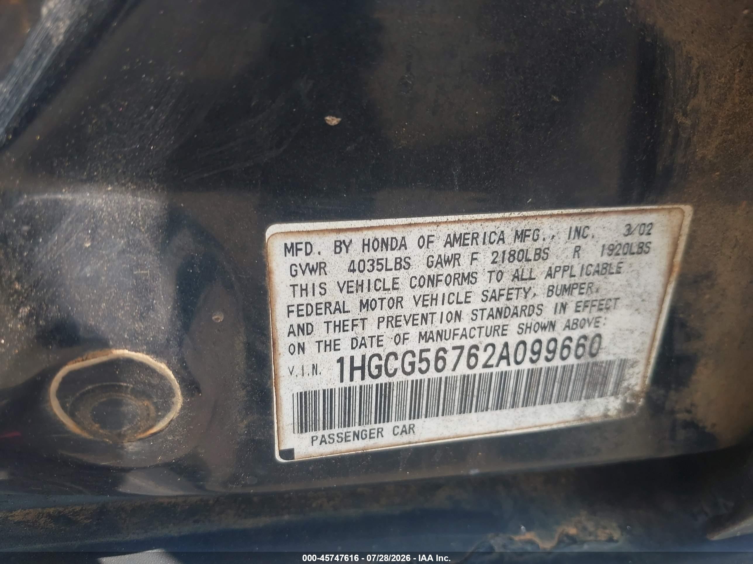 2002 Honda Accord 2.3 Se Black vin: 1HGCG56762A099660