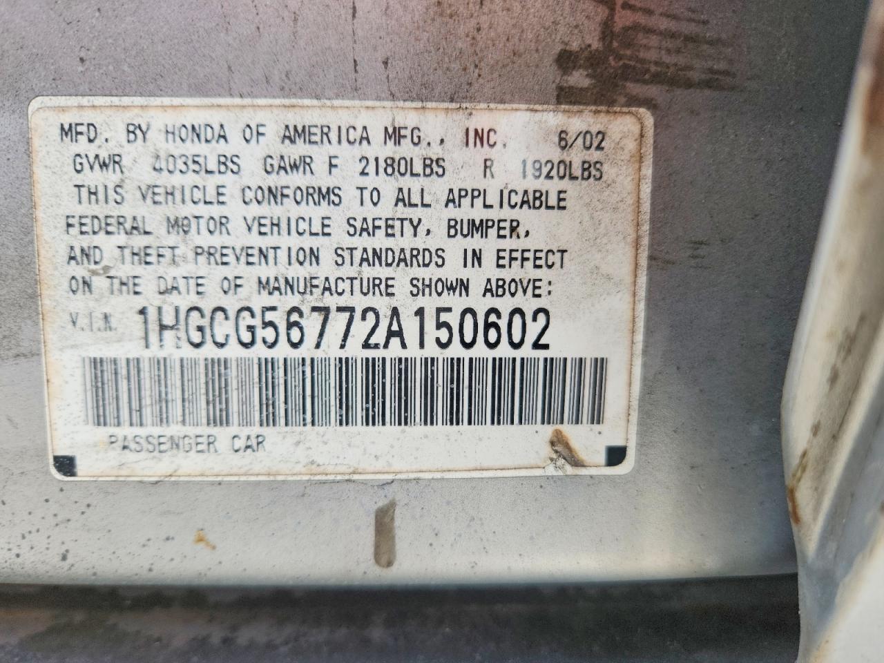 2002 Honda Accord Se Серебряный vin: 1HGCG56772A150602
