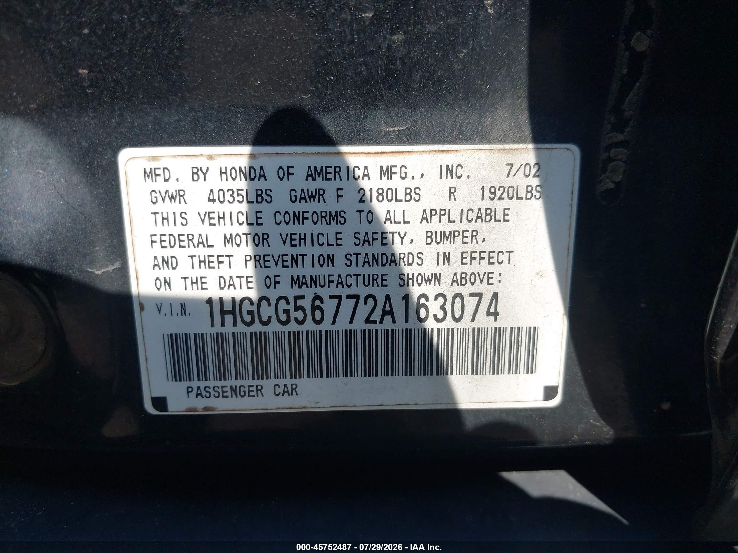 2002 Honda Accord 2.3 Se Black vin: 1HGCG56772A163074