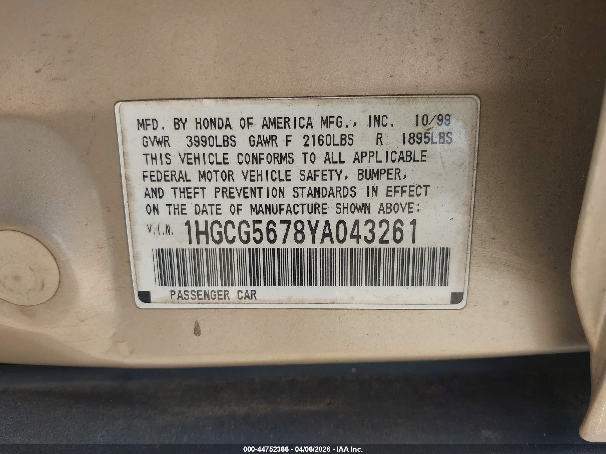 2000 Honda Accord 2.3 Se Бежевый vin: 1HGCG5678YA043261