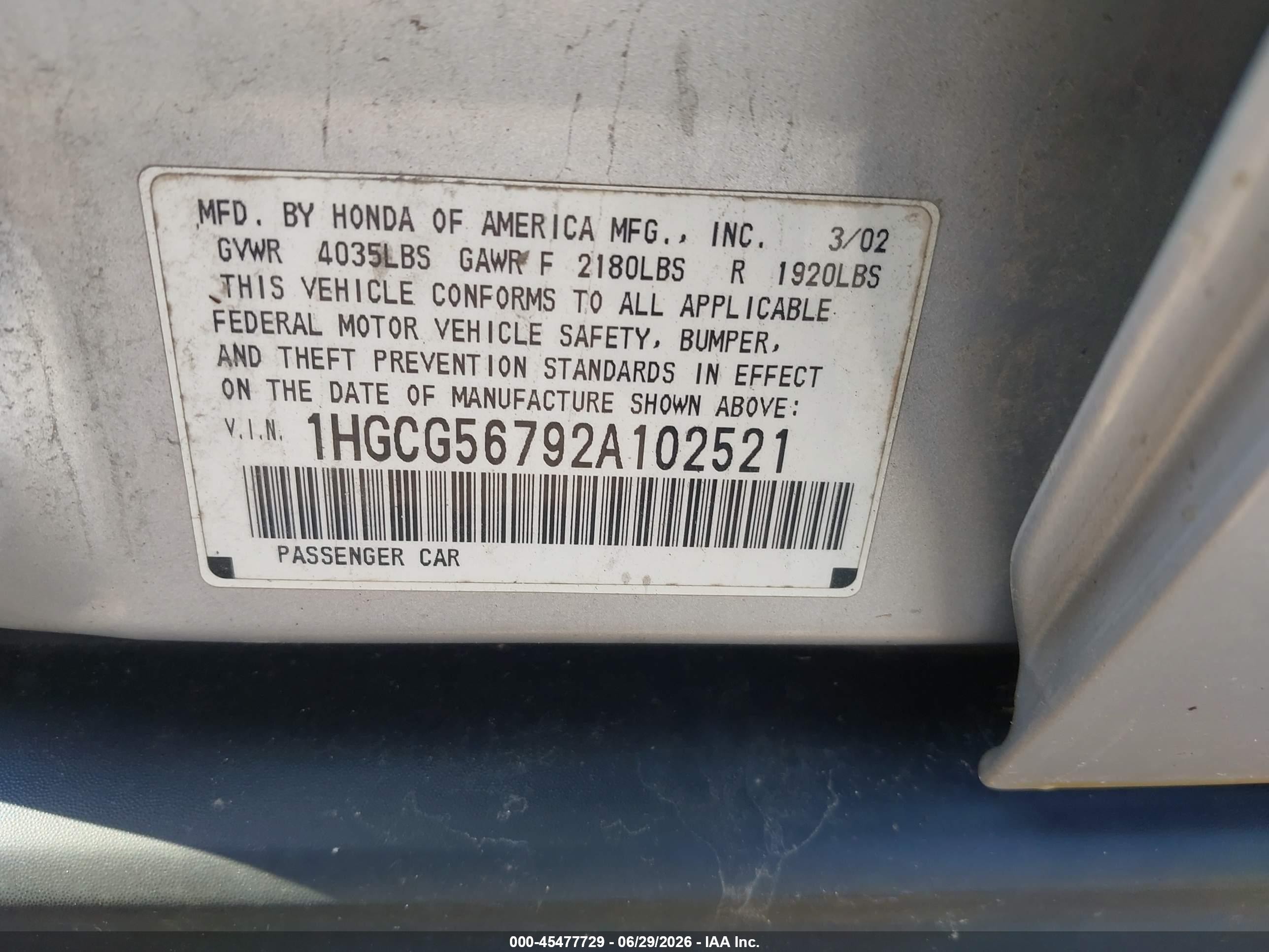 2002 Honda Accord 2.3 Se Silver vin: 1HGCG56792A102521