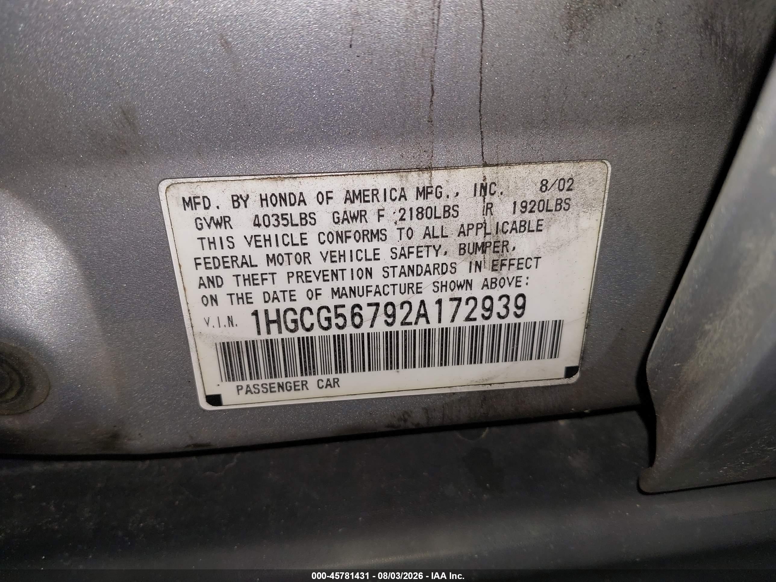 2002 Honda Accord 2.3 Se Silver vin: 1HGCG56792A172939