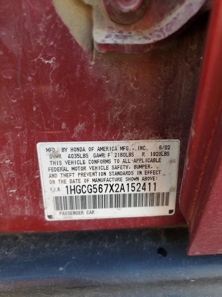 2002 Honda Accord Se Red vin: 1HGCG567X2A152411