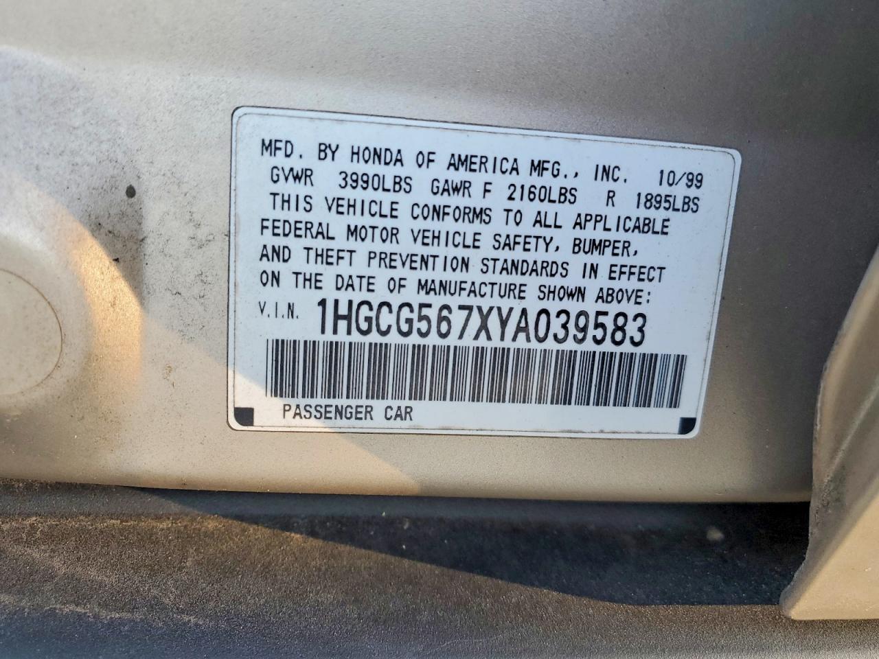 2000 Honda Accord Se Beige vin: 1HGCG567XYA039583