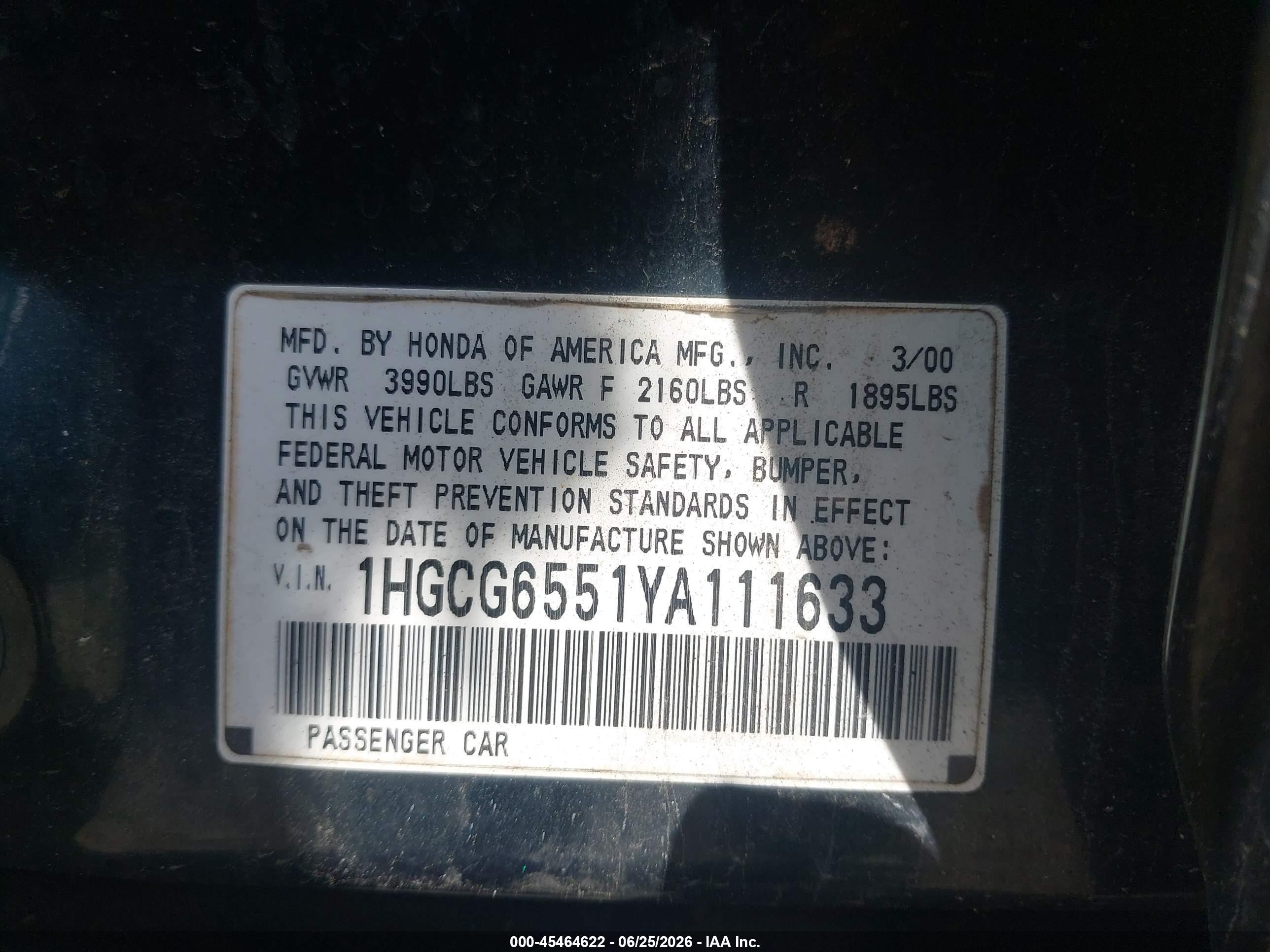 2000 Honda Accord 2.3 Lx Зеленый vin: 1HGCG6551YA111633