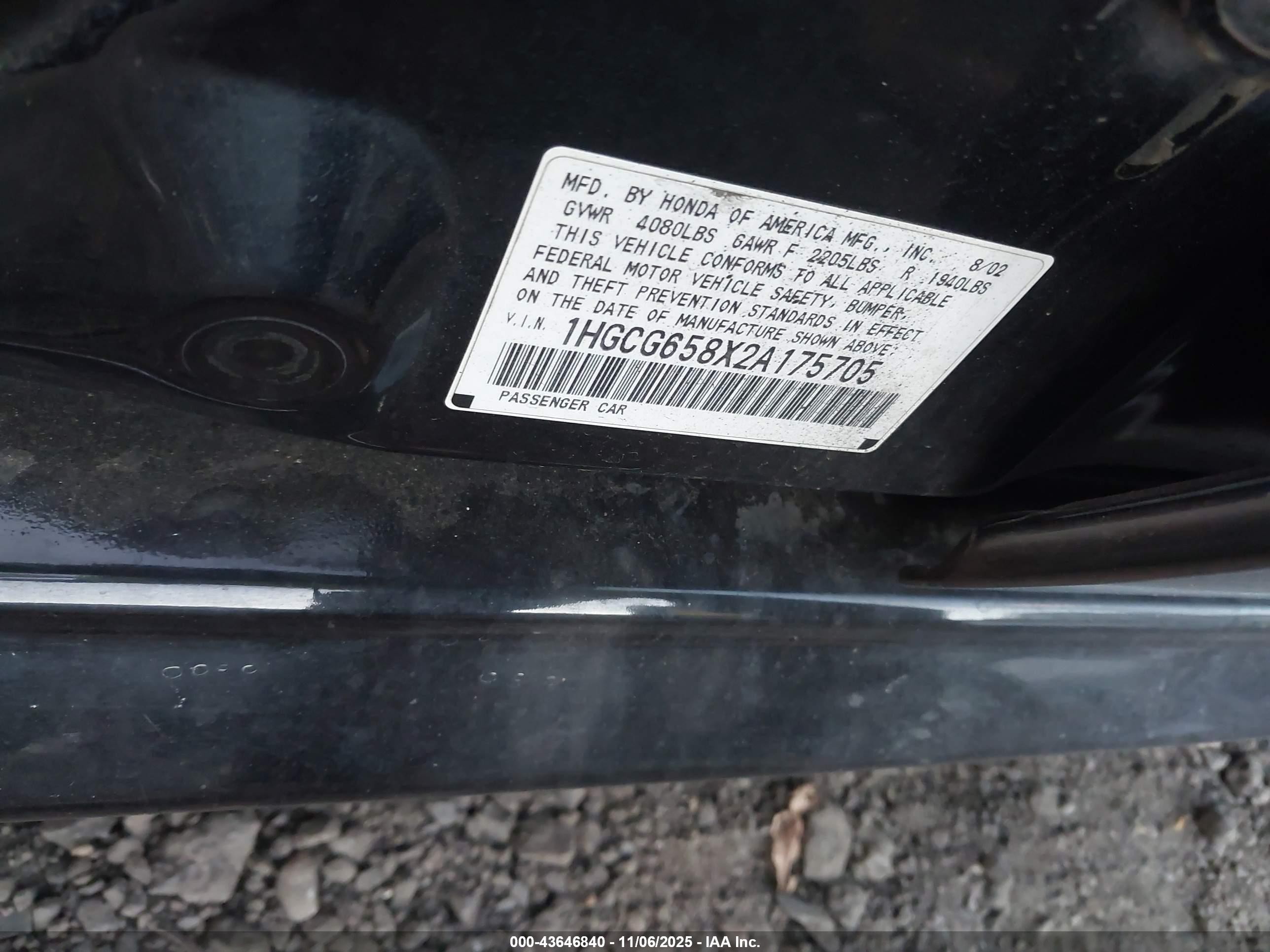 2002 Honda Accord 2.3 Ex Black vin: 1HGCG658X2A175705
