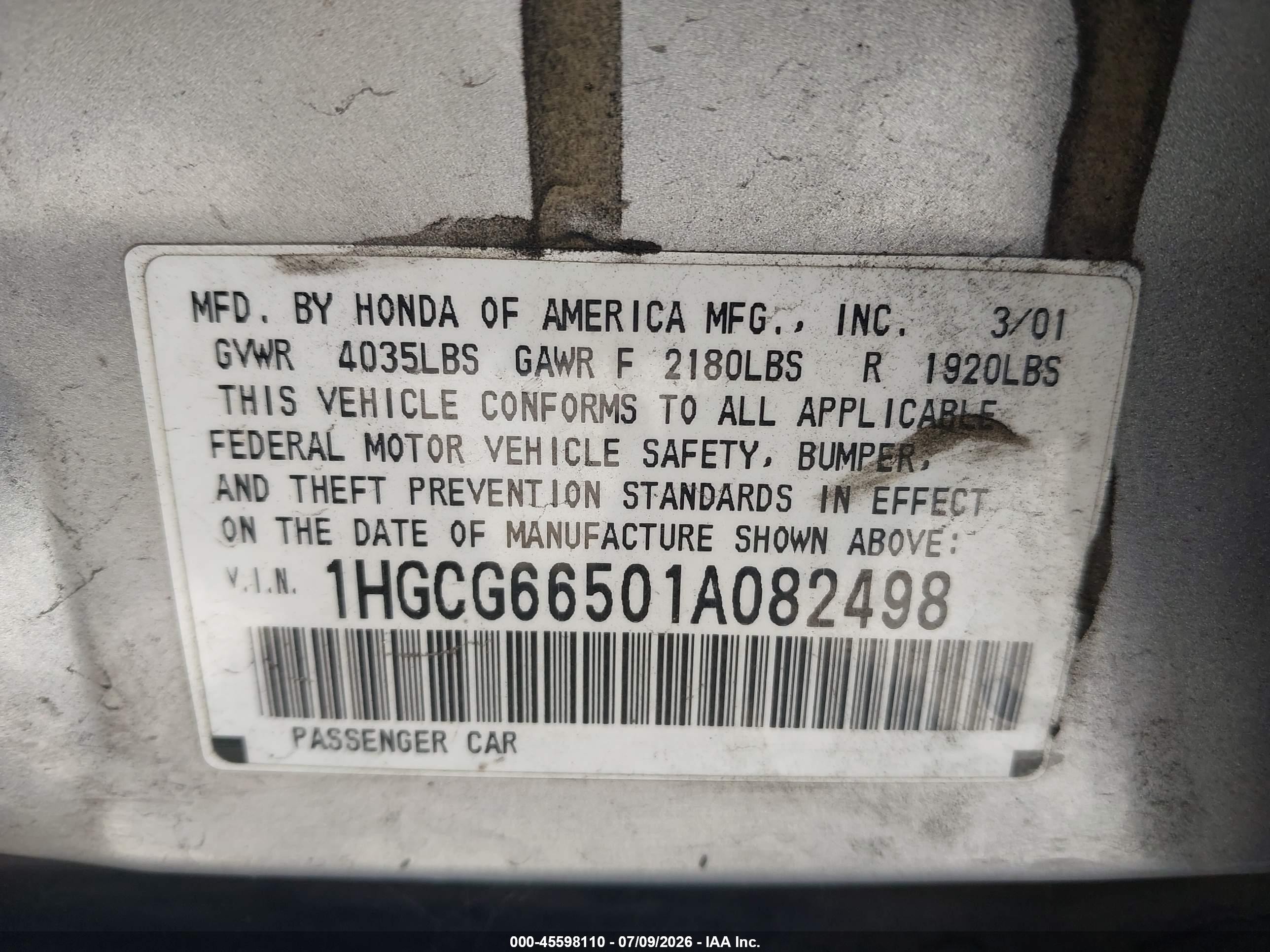 2001 Honda Accord 2.3 Lx Silver vin: 1HGCG66501A082498