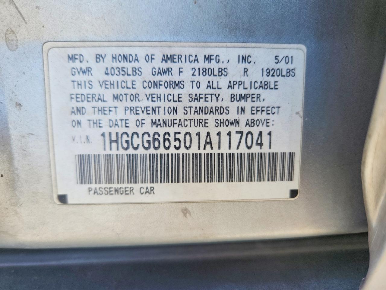 2001 Honda Accord Lx Silver vin: 1HGCG66501A117041