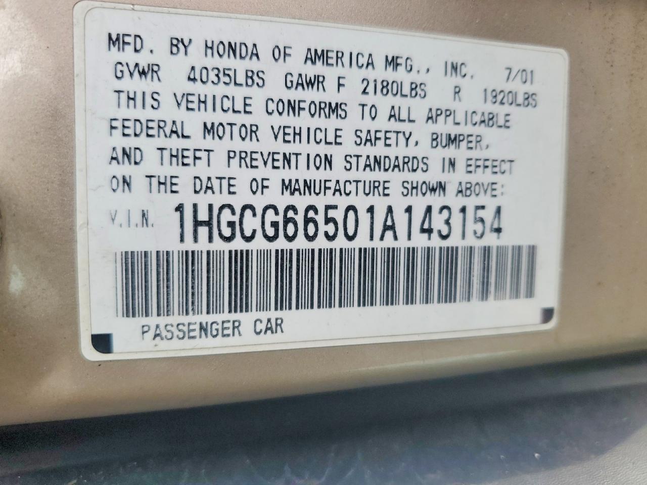 2001 Honda Accord Lx Cream vin: 1HGCG66501A143154