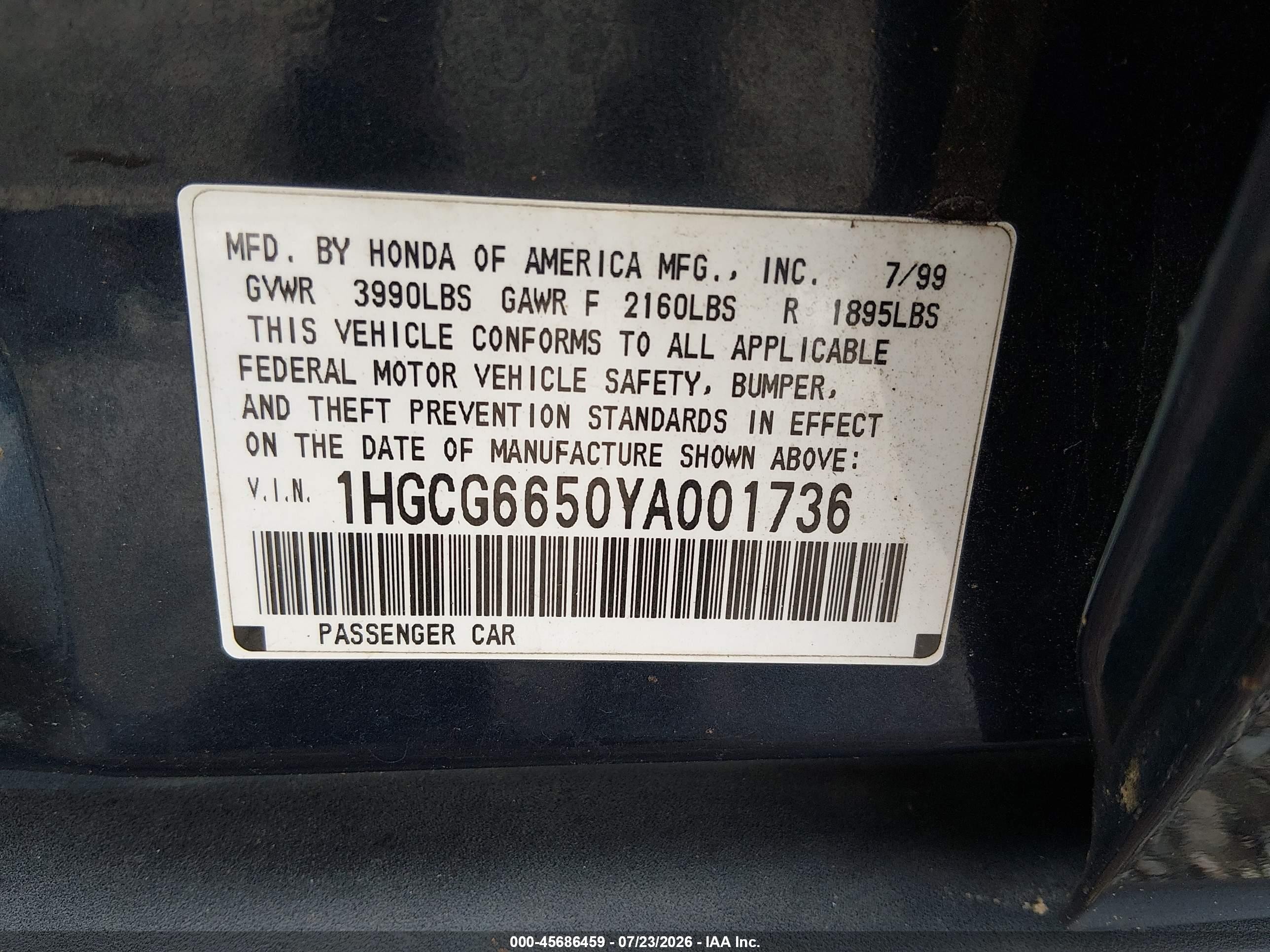 2000 Honda Accord 2.3 Lx Blue vin: 1HGCG6650YA001736