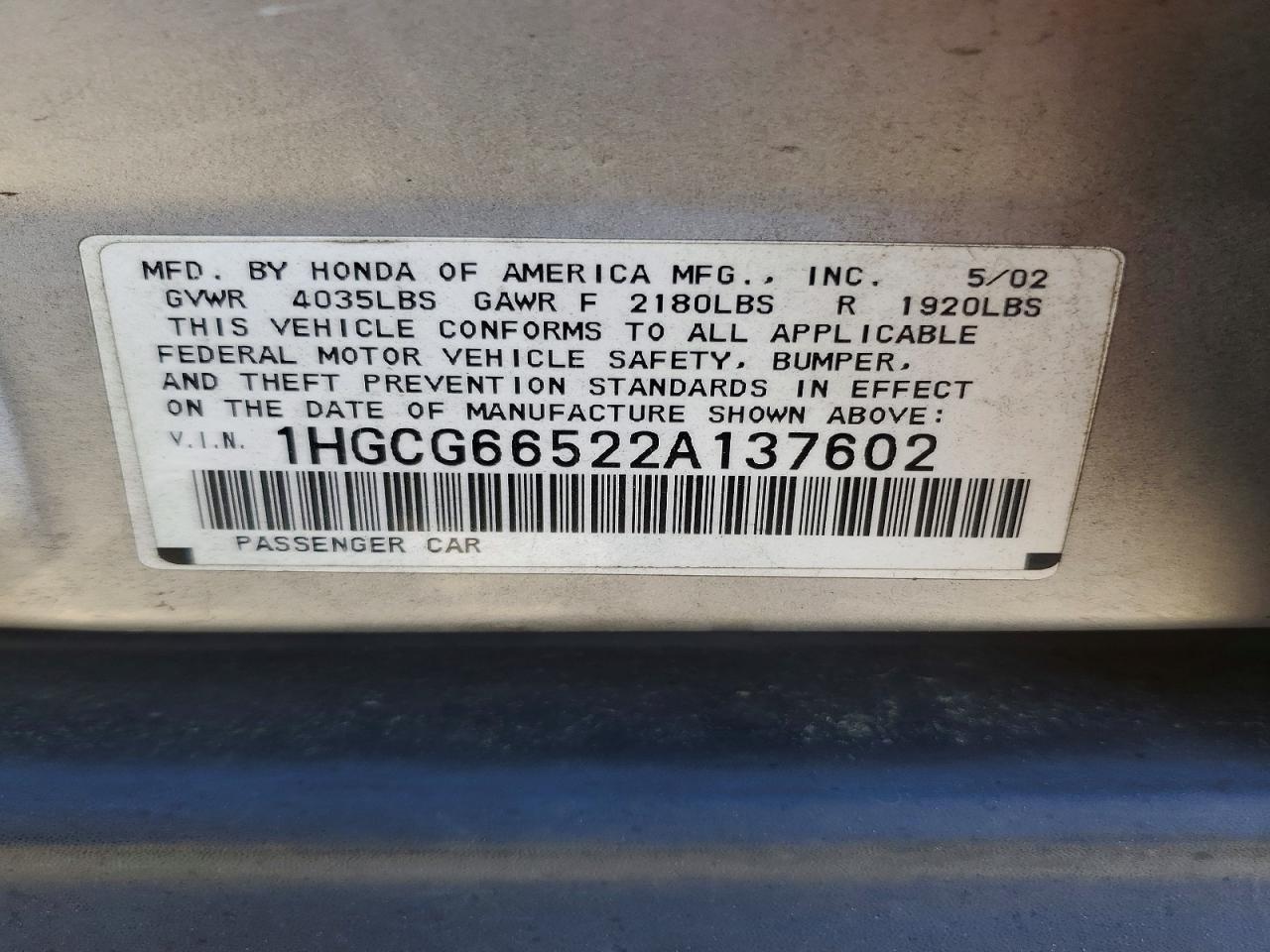 2002 Honda Accord Lx Silver vin: 1HGCG66522A137602
