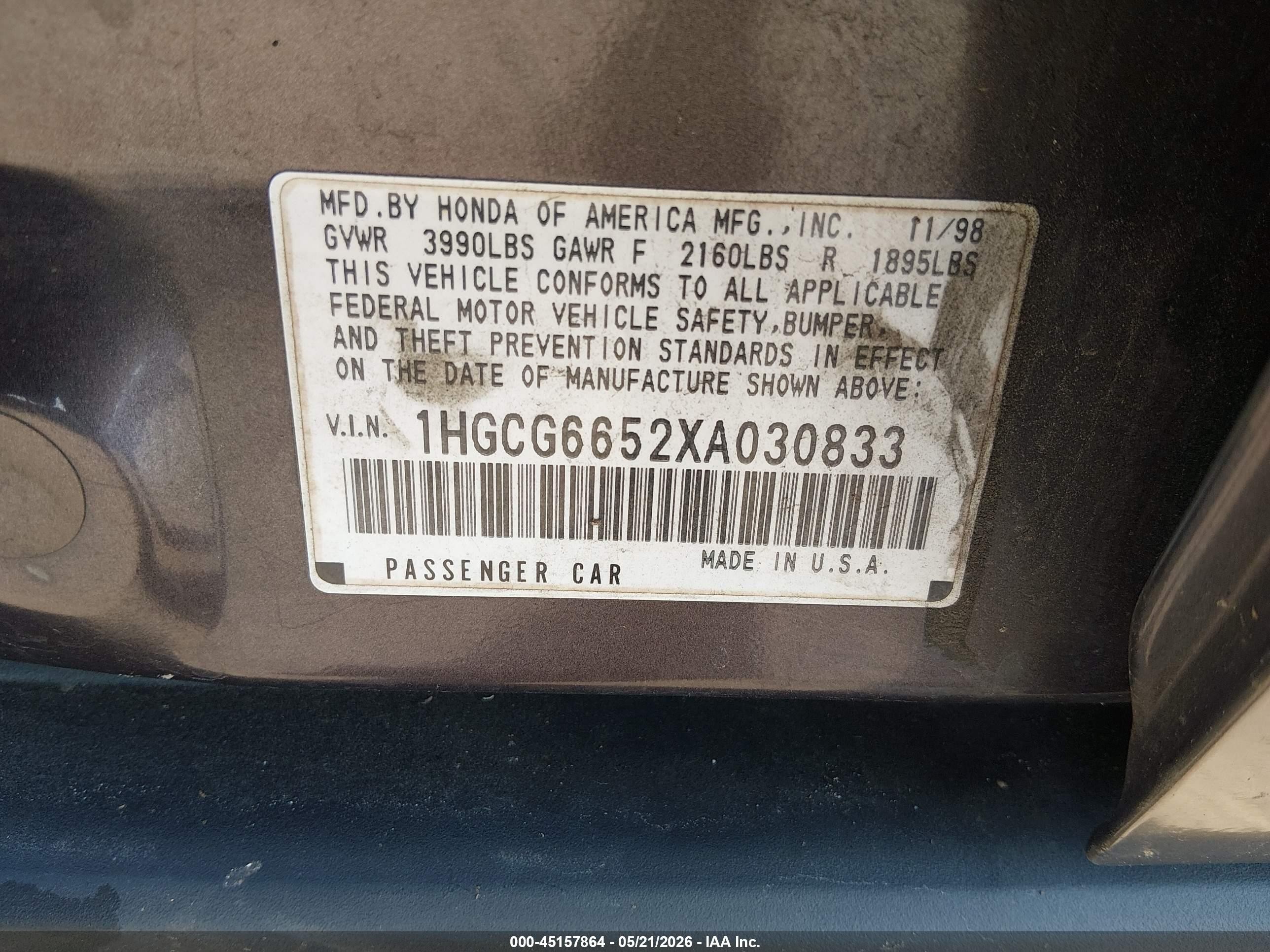1999 Honda Accord Lx Gray vin: 1HGCG6652XA030833